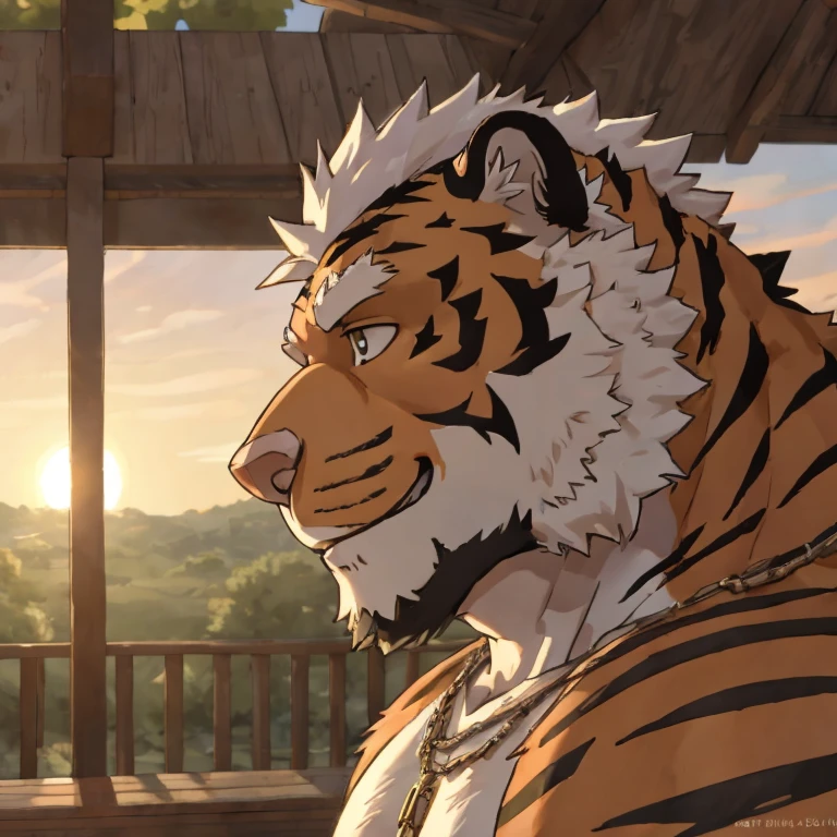 Tiger Orcs,chubby,#ba8f1c fur,with a round face,Round ears,adolable,Less hair,white color hair,Remove black stripes on the left and right sides of the face,Wearing an amber necklace,with a park in the background,exteriors,No Man,the sunset,natural soft light, Interior rendering, Jimi, Clear detail, Realistis, rendering, Nikon, c4d, 3DMAX, Redshift rendering, Corona rendering, Behavior -- ar 1:2--C 10,