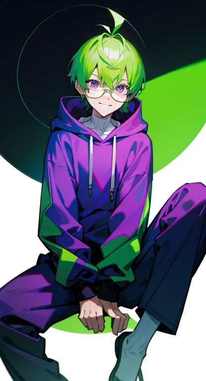 A boy,green hair,short hair,wearing a black circle glasses,two green antenna,purple eyes,cute,white skin,wearing a hoodie,sitting,smirk