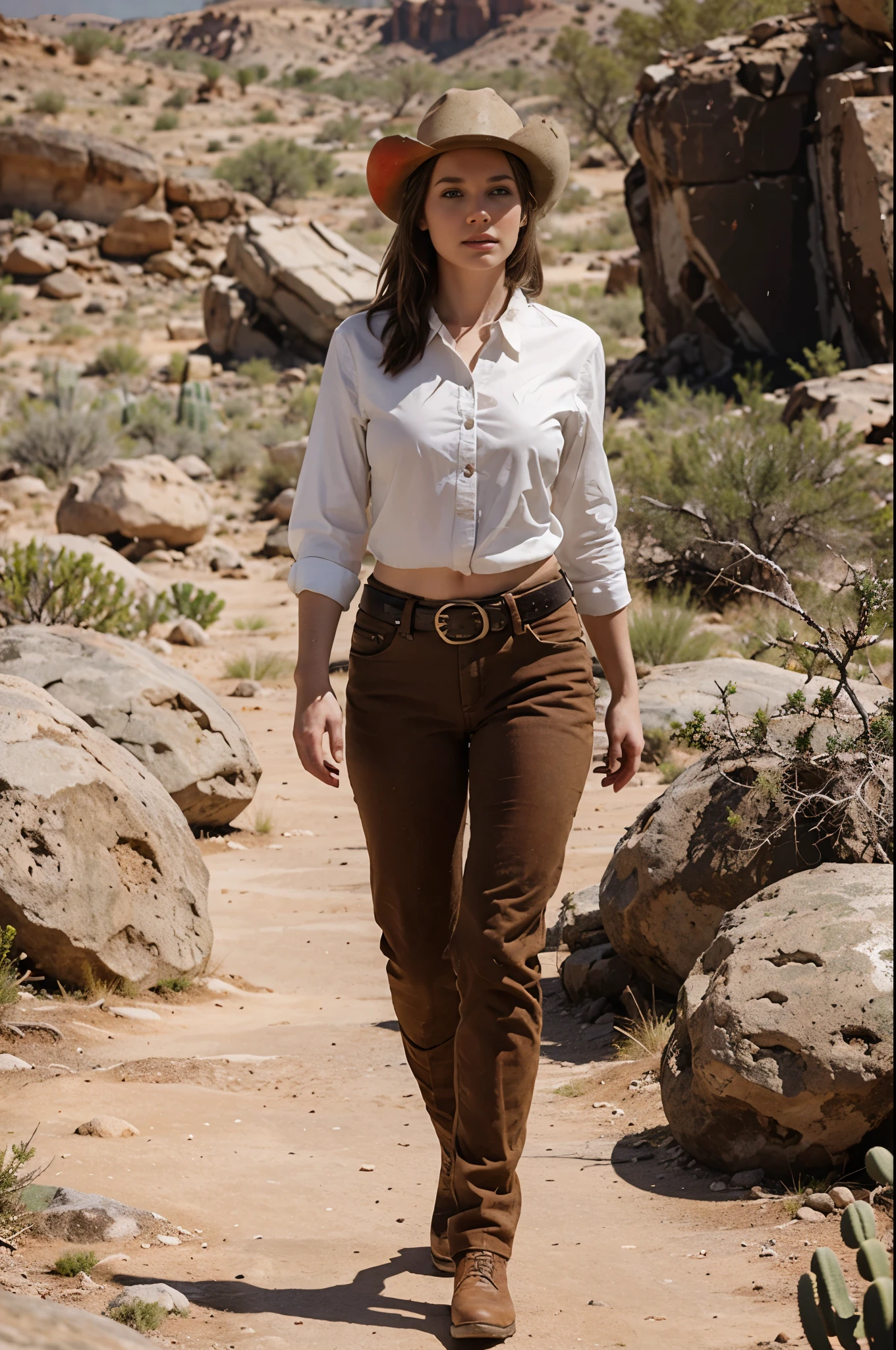 A white-skinned woman with brown hair in cowboy clothes walks through a rocky wasteland with huge cacti