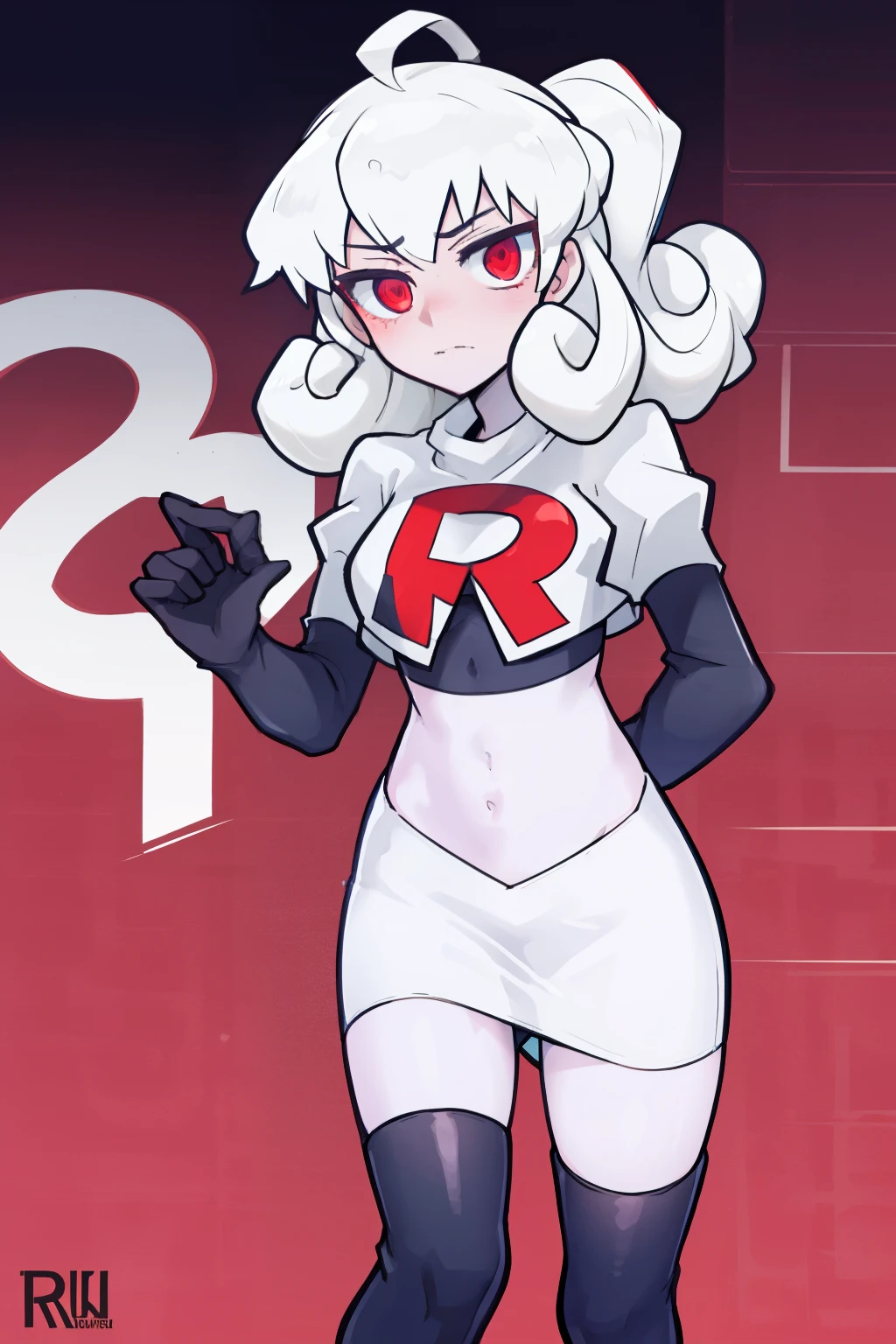 masterpiece, best quality, red eyes, white curly kair, ahoge,team rocket,team rocket uniform,white skirt,red letter R,crop top,black thigh-highs,black elbow gloves, comic strip