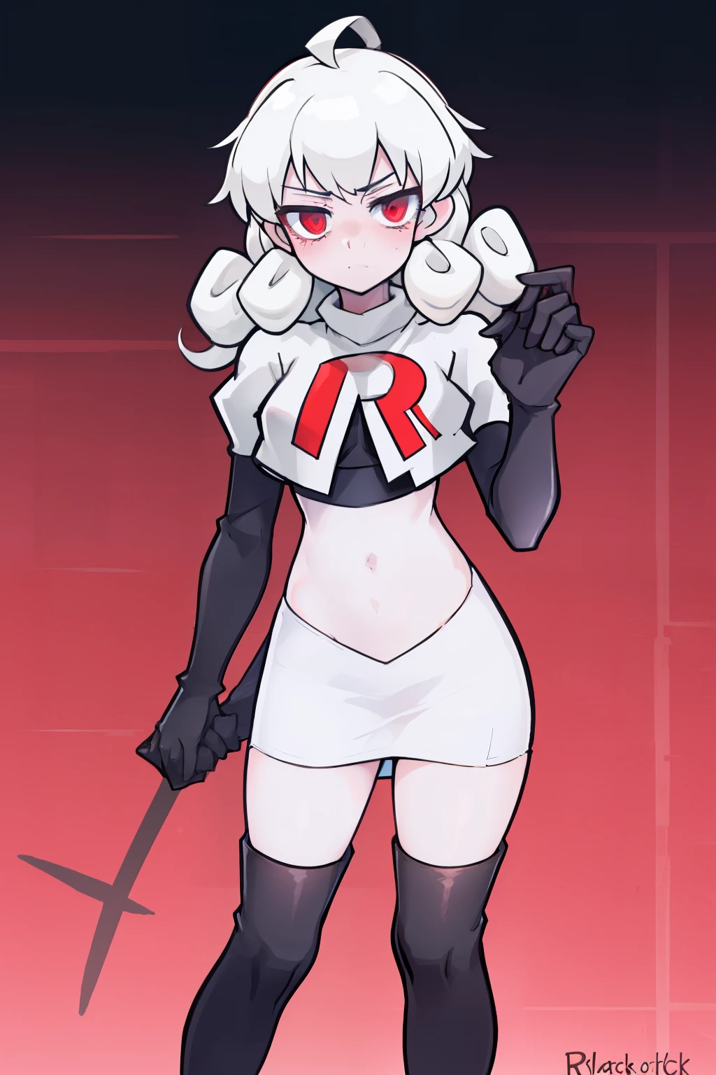masterpiece, best quality, red eyes, white curly kair, ahoge,team rocket,team rocket uniform,white skirt,red letter R,crop top,black thigh-highs,black elbow gloves, comic strip