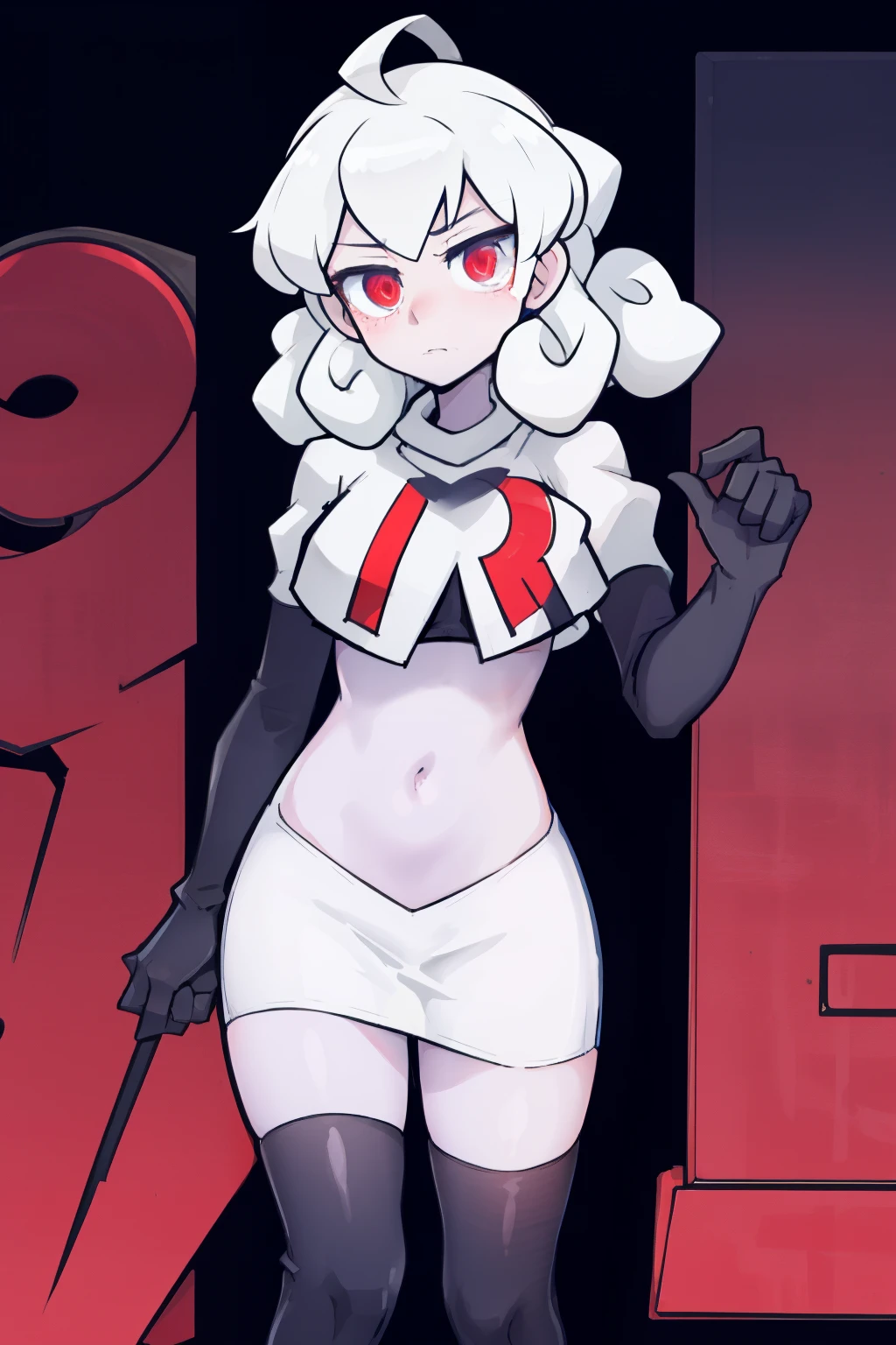 masterpiece, best quality, red eyes, white curly kair, ahoge,team rocket,team rocket uniform,white skirt,red letter R,crop top,black thigh-highs,black elbow gloves, comic strip