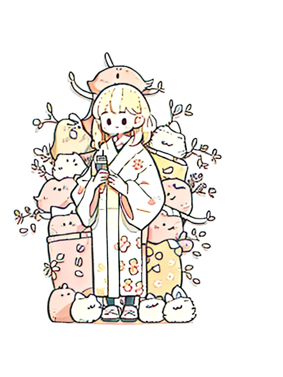 masterpiece:1.3, best quality:1.3, highly detailed, 8k raw, simple_background:1.3, white_background:1.3, female_solo, standing, medium breasts, cowboy_shot, pink floral kimono, closed eyes, look happy, light blonde hair, long straight_hair, cozy,