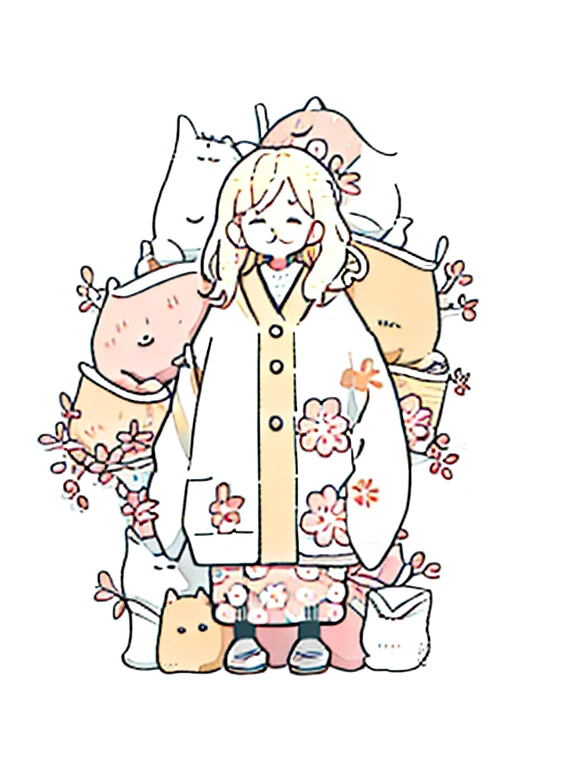 masterpiece:1.3, best quality:1.3, highly detailed, 8k raw, simple_background:1.3, white_background:1.3, female_solo, standing, medium breasts, cowboy_shot, pink floral kimono, closed eyes, look happy, light blonde hair, long straight_hair, cozy,