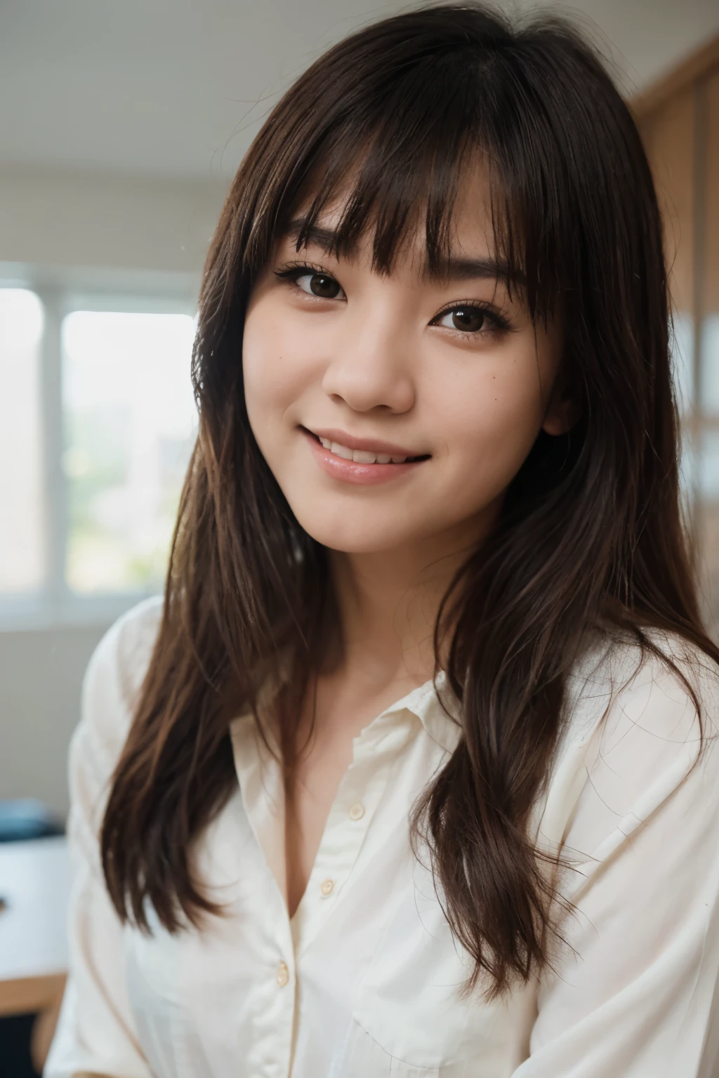 (Realistic, RAW photo), an upper body portrait photo of asian girl, natural pale and fine skin, 8k uhd, high quality, film grain, (Fujifilm XT3) ,dream_girl, dynamic expression, photo-real, cute, high_school_girl, long hair, silky hair, with bangs, with a smile, wearing yellow long sleeve shirt