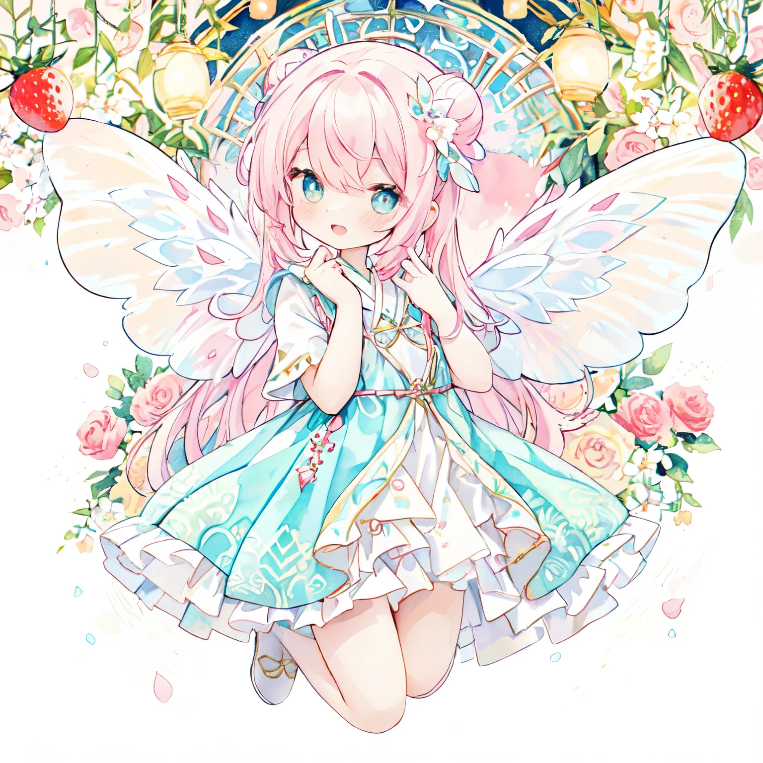 Filled with music、♬a backdrop of, cross-shaped pupils,   (PastelColors:1.3)、(Cute illustration:1.3)、(watercolor paiting:1.3)、1 rapariga:1.8、Detailed background、Smile with open mouth、、Beautifully detailed、Moya、colourfull、marble、Particles of light、patterns、Double Layer Dress、Detailed drawing、Vibrant colors、striking contrast、intricate detailes、Delicate depiction、Luminescent、full body Esbian：1.1、Beautiful facial features、appropriate color eyes、Wearing intricate and delicate ornaments、glowing aura、Radiant hair,Morning light、White and red motifs、Red ribbons、Strawberry corolla、花輪a backdrop of、From the side、Gary Waltz with fairy wings：1.3、Bun head、jumpping、levitation、Thick wool gown:0.5