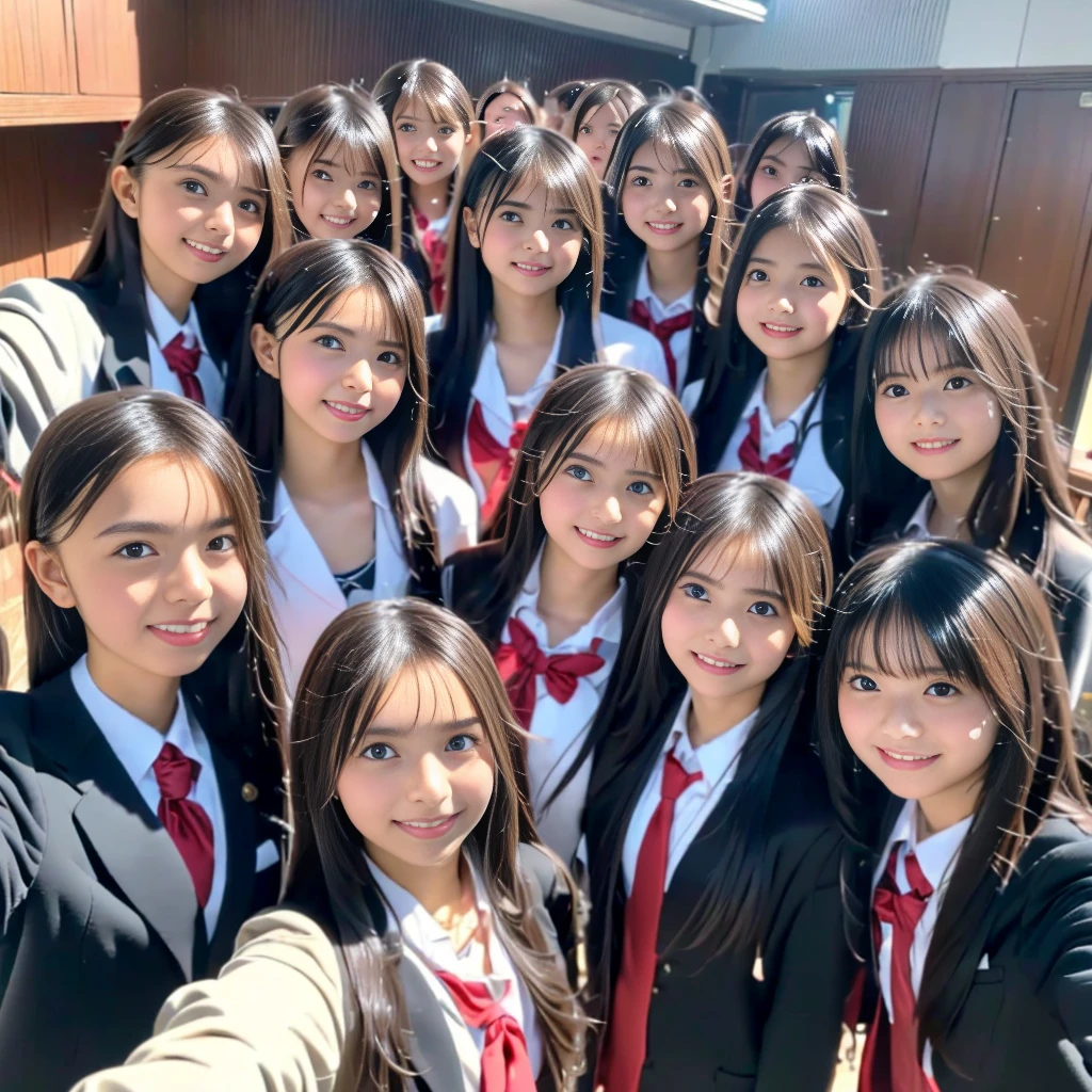 Raw photo、(((multiple girls))),((((6+girls)))),((((100girls)))),((((1000girls))))、((((100 Girls))))、Women only、The same face、((matching school uniform))、((((Large group))))、************、Long black hair、100 cute high school girls on their way to school、a smile、Commuting to school、School route、In the street、selfee、same person、High school students