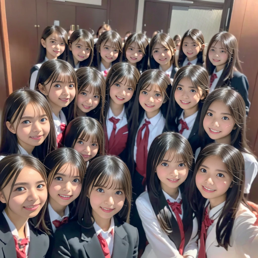 Raw photo、(((multiple girls))),((((6+girls)))),((((100girls)))),((((1000girls))))、((((100 Girls))))、Women only、The same face、((matching school uniform))、((((Large group))))、************、Long black hair、100 cute high school girls on their way to school、a smile、Commuting to school、School route、In the street、selfee、same person、High school students