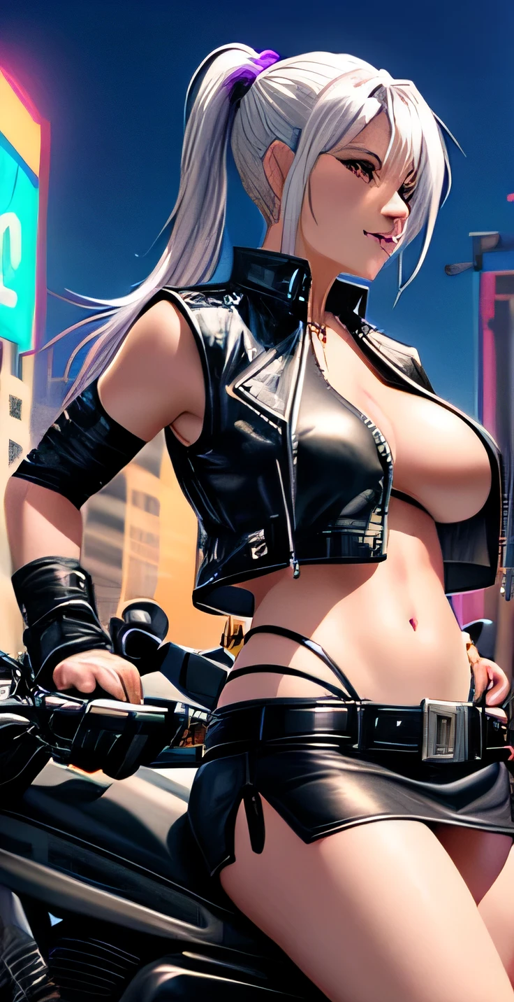 Motorradfahrer, rides his motorcycle through the city, Weste aus Leder, kurzes Oberteil, that doesn't cover the breasts, nackte Titten, Minirock, Doppelter Pferdeschwanz, white hair with purple streaks,