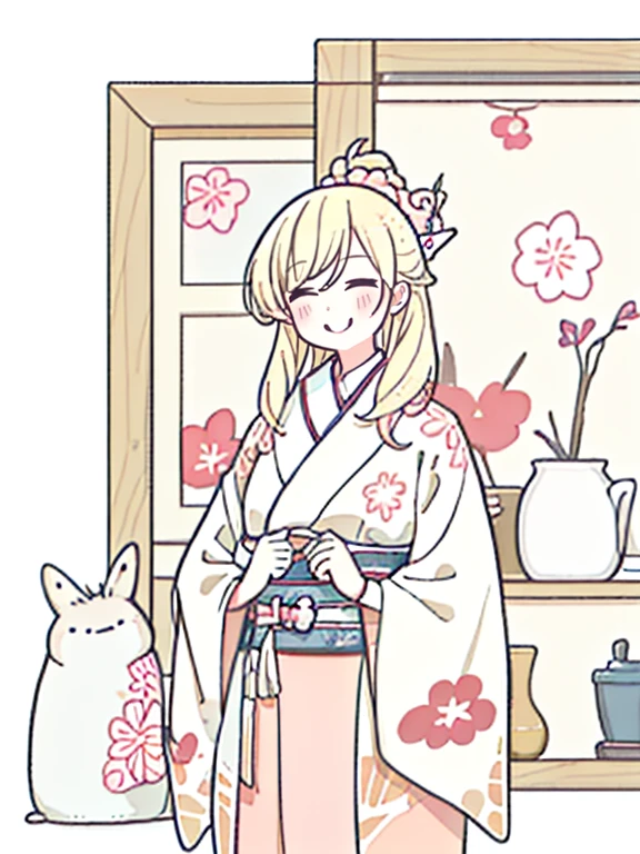 masterpiece:1.3, best quality:1.3, highly detailed, 8k raw, simple_background:1.3, white_background:1.3, female_solo, standing, medium breasts, cowboy_shot, pink floral kimono, closed eyes, look happy, light blonde hair, long straight_hair, cozy,