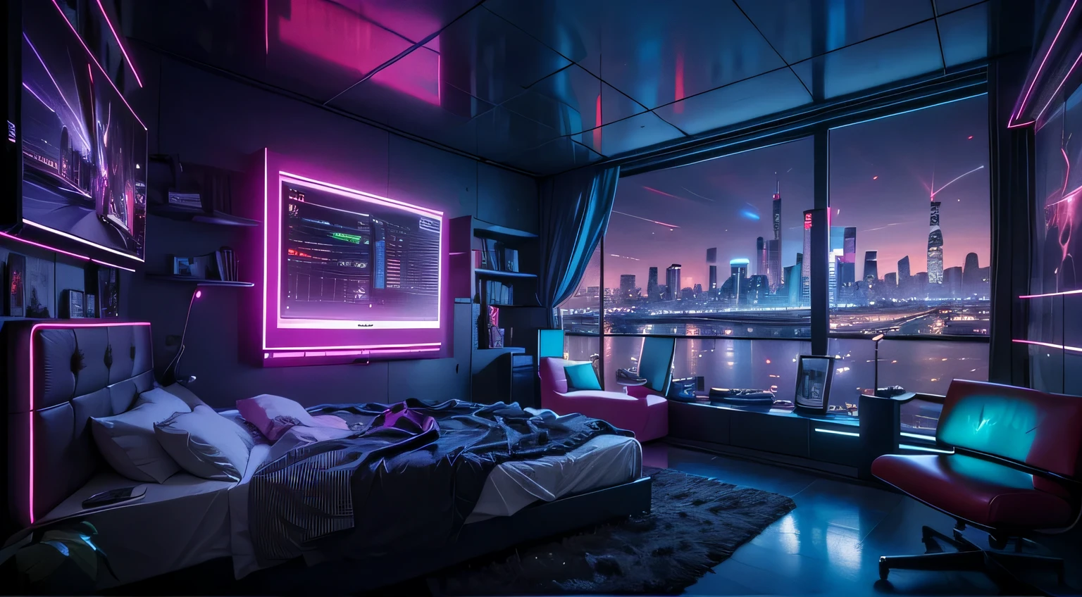 ((masterpiece)), (ultra-detailed), (intricate details), (high resolution CGI artwork 8k), Create an image of a futuristic darkly lit cyberpunk bedroom. One of the walls should feature a big window with a busy, colorful, and detailed cyberpunk cityscape. The other wall a large tv screen monitor. The cityscape should be extremely detailed with depth of field. Utilize atmospheric lighting to create depth and evoke the feel of a busy futuristic city outside the window. Pay close attention to details like bedroom accents. Camera: wide shot showing the room and the window. The window should be the focal point of the image. Lighting: use atmospheric and volumetric lighting to enhance the cityscape details. The room should be illuminated by the purple neon lights from the cityscape.