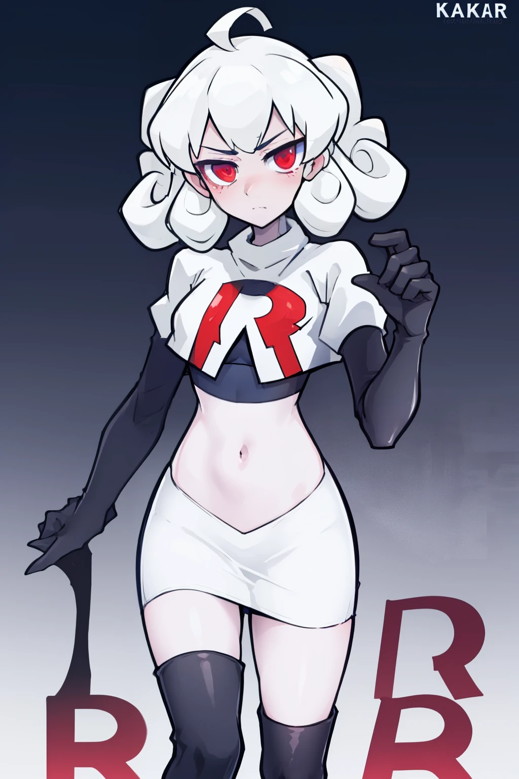 masterpiece, best quality, red eyes, white curly kair, ahoge,team rocket,team rocket uniform,white skirt,red letter R,crop top,black thigh-highs,black elbow gloves, comic strip