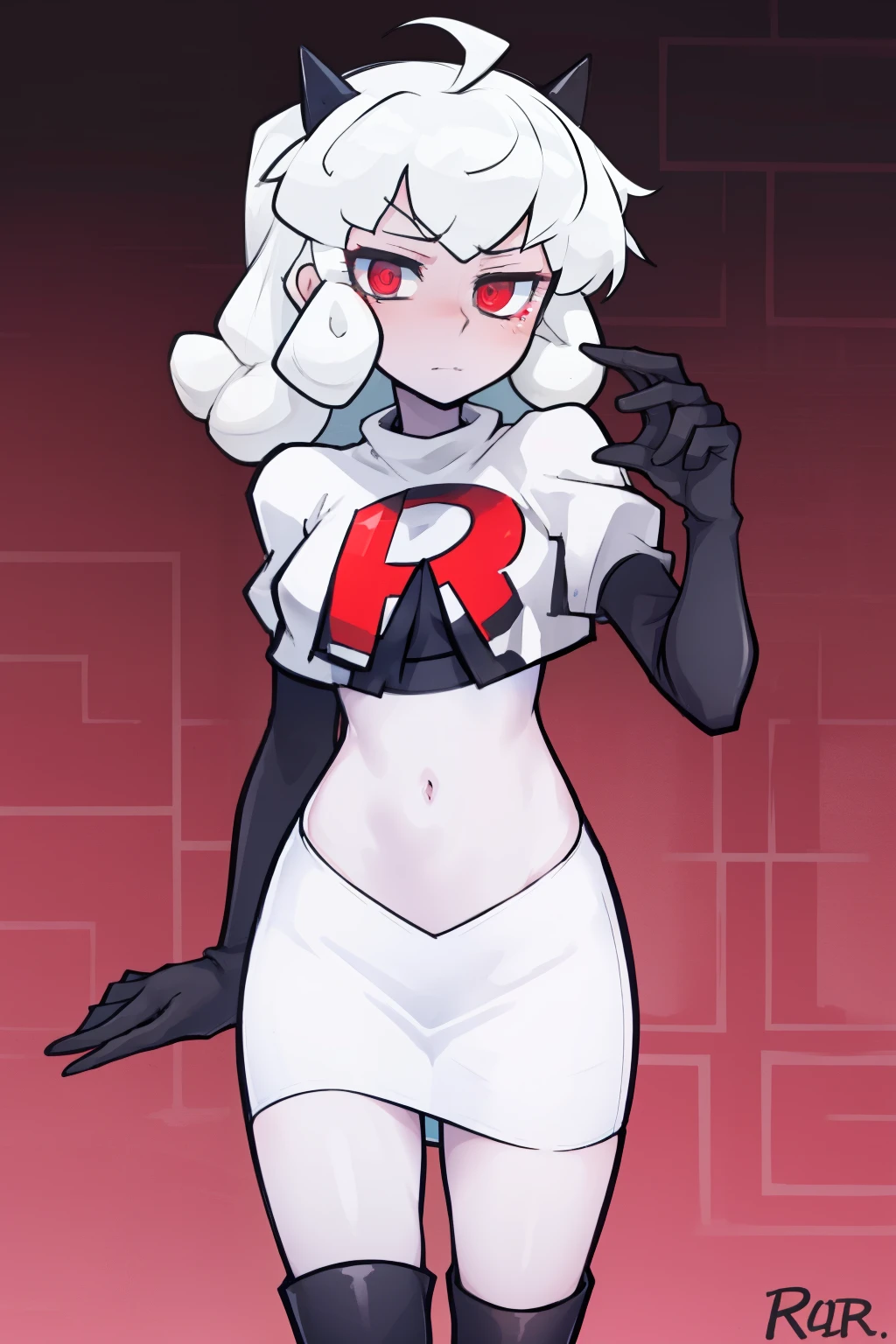 masterpiece, best quality, red eyes, white curly kair, ahoge,team rocket,team rocket uniform,white skirt,red letter R,crop top,black thigh-highs,black elbow gloves, comic strip