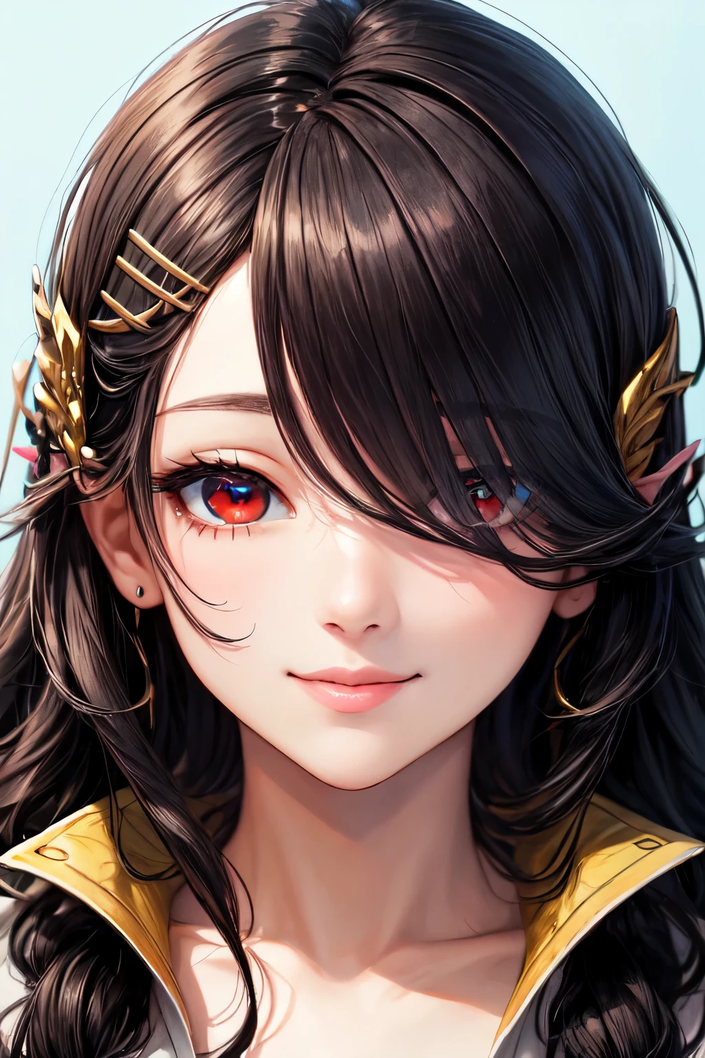 ((best quality)), ((masterpiece)), (detailed), perfect face, adult women, upper body, beautiful detailed eyes, red eyes, (star shape pupils:0.1), smile, (lips:0.5), very long hair, wavy hair, (hair over eyes:1.4),  (hairpin), black hair, skinny, light blue background, extremely detailed face, Sharp focus, looking at viewer,