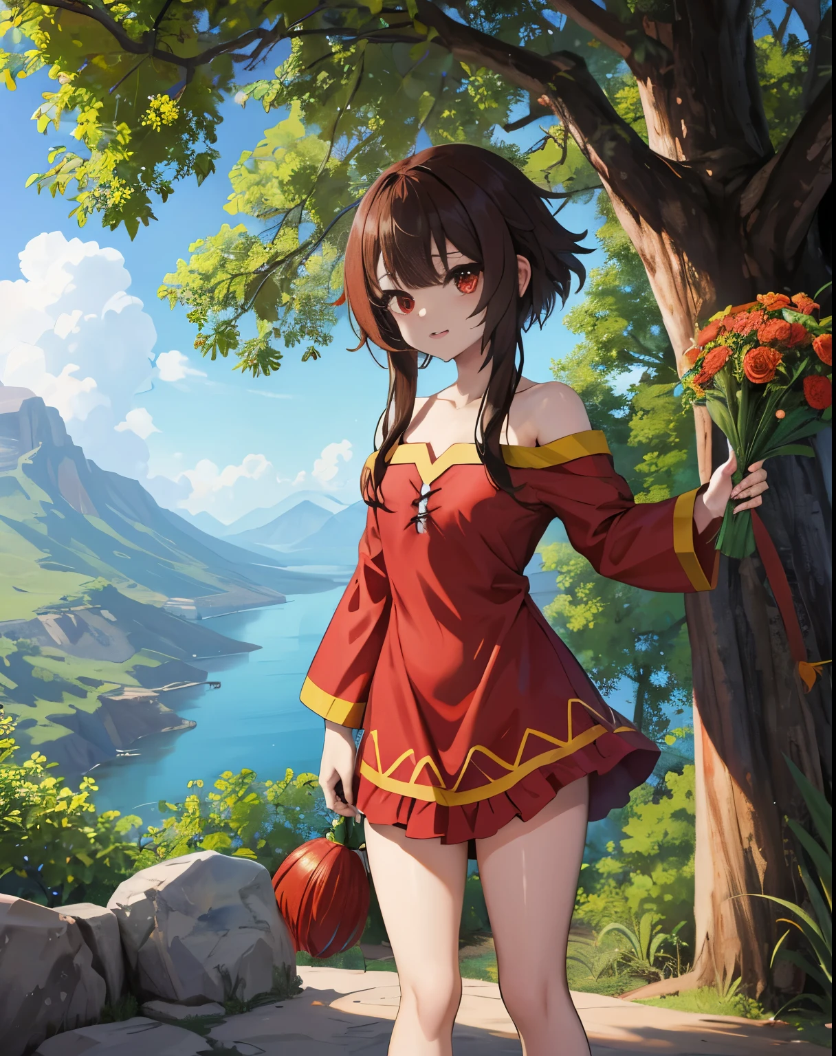 1menina (Megumin), ombros nus, red eyes, cabelo castanho, cabelo curto,holding_bouquet, ramo, seios peixe, hanfu, vestido, vestido longo, montanha, piscina, vestido branco, tree, (cachoeira), tiro de cowboy, standing on her feet, de cima, pernas nuas, ca