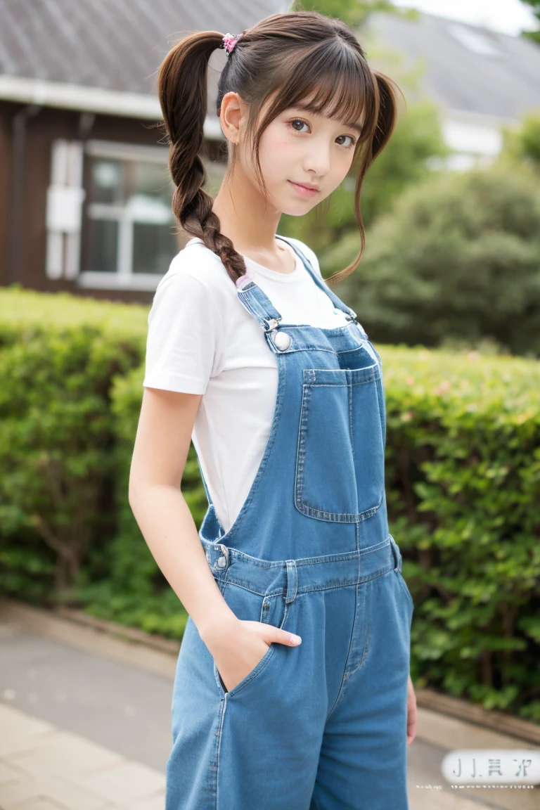 Beautiful girl wearing overalls、15yo student、pigtails、Spinning、