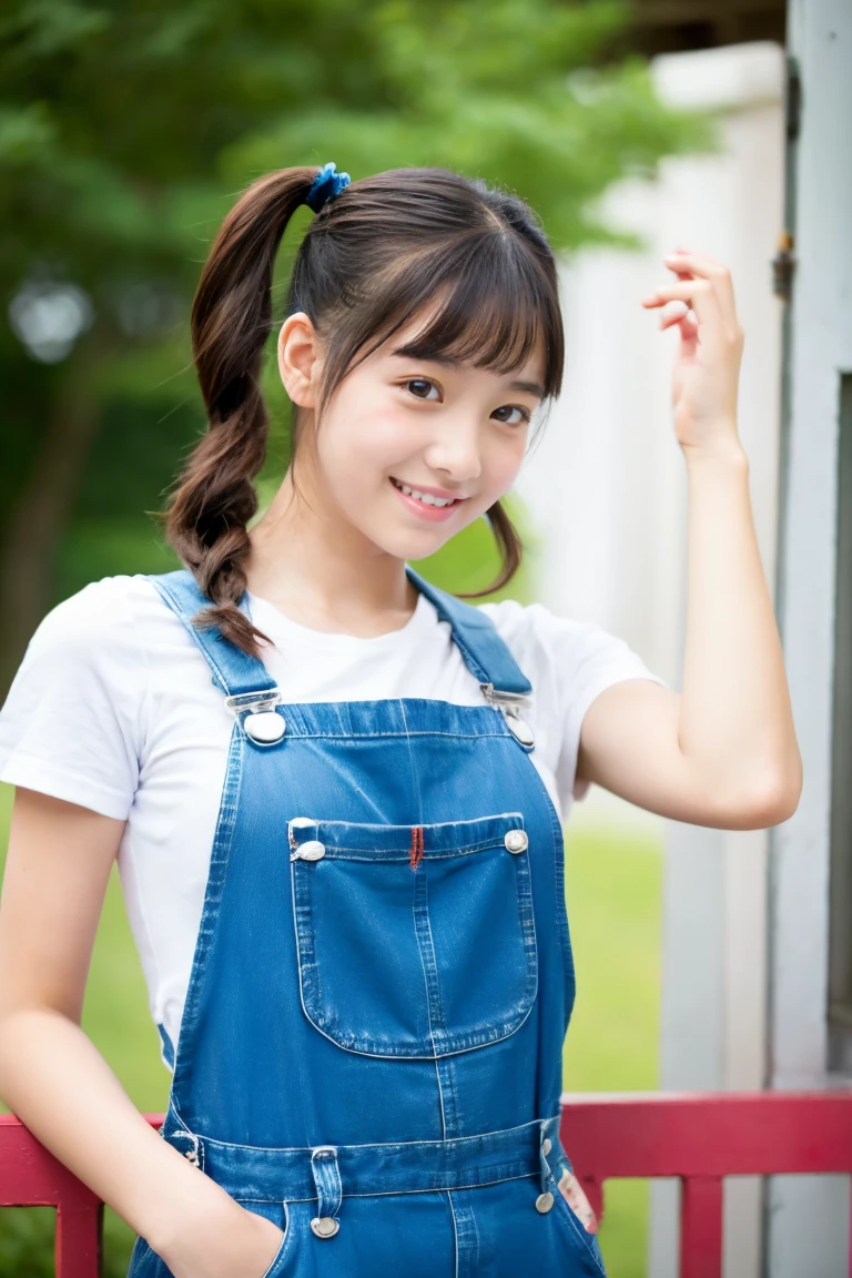 Beautiful girl wearing overalls、15yo student、pigtails、Spinning、