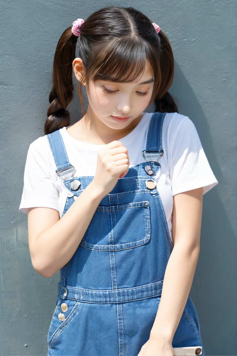 Beautiful girl wearing overalls、15yo student、pigtails、Spinning、