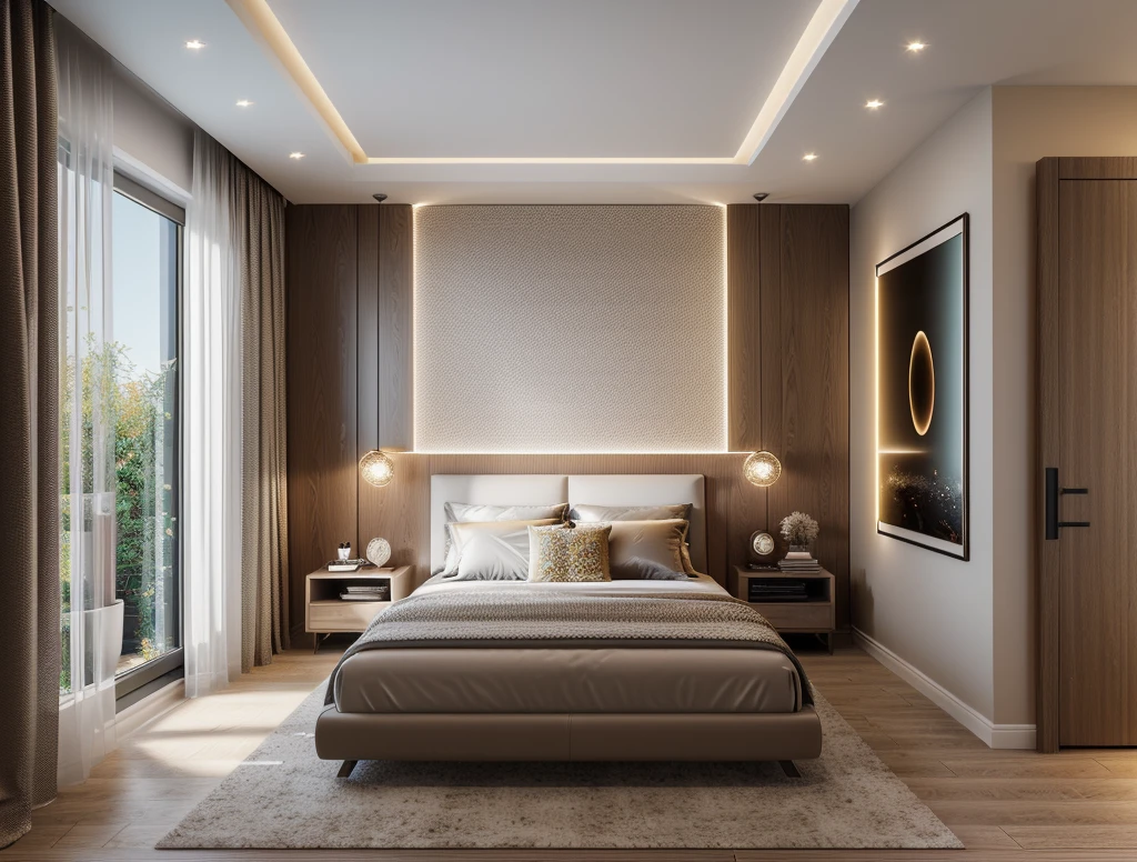 Neoclassic style, (neoclassic style:1.2), tone beige and white, (|warm led light| 3600k), bed room, interior design, apartment space, wooden frame ceiling, a bed, shaggy, wardrobe, bed shelf, potted plant, Industrial wooden, wood floor, picture frame, day, 8k uhd, dslr, soft lighting, high quality, film grain, Fujifilm XT3, The ambient lighting highlights the textures and details, creating a stock photo-like atmosphere, (((Best Quality))), ((Masterpiece)), ((best illustration)), ((best shadows)), ((Super Detail)), (Intricate lines), (Photorealism),(hyper detail), ((archdaily)), ((award winning design)), (dynamic light), ((day)), (perfect light), (shimering light), (hidden light), ((photorealistic)), ((FKAA, TXAA, RTX, SSAO)), ((Post Processing)), ((Post-Production)), ((CGI, VFX, SFX)), ((Full color)) ,((Unreal Engine 5)), ((intricate detail)), ((extreme detail)), ((science)), ((hyper-detail)), ((super detail)), ((super realistic)), ((crazy detail)), ((octane render)), ((Cinematic)), ((trending on artstation)), ((High-fidelity)), ((Viwvid)), ((Crisp)), ((Bright)), ((Stunning)), ((Eye-catching)), ((High-quality)),((Sharp))((Bright)), ((Stunning)), Natural, ((Eye-catching)), ((Illuminating)), ((Flawless)), ((High-quality)),((Sharp edge render)), ((medium soft lighting)), ((photographic render)), ((detailed archviz))