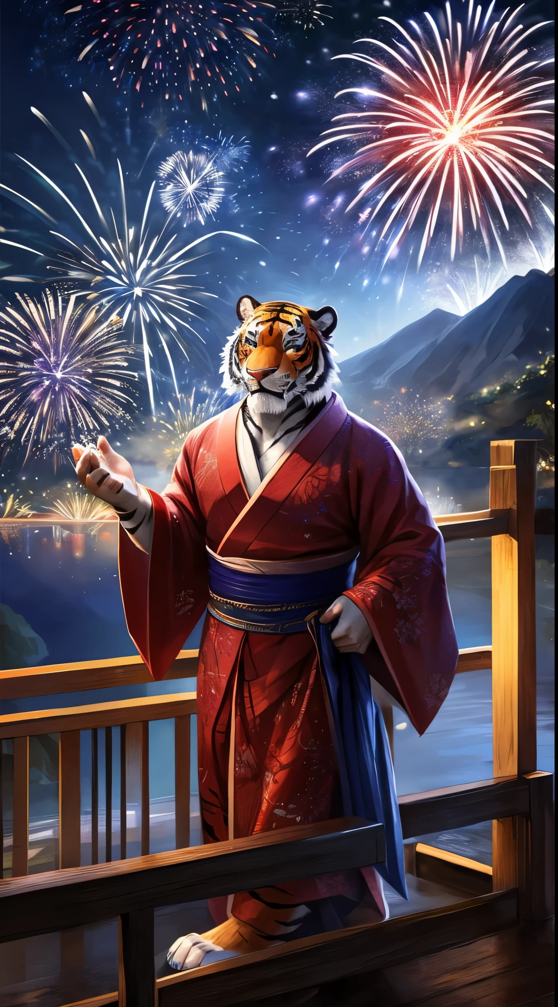 (best quality:1.2), (masterpiece:1.1), (ultra-detailed:1.2),(perfect anatomy), correct hands,trending in artstation,from above,dynamic light,(stand on riverbank):1.5,standing by railing, farsee, watch the firework,ultra detailed face,kemono,1male,anthro (tiger), (tiger face),solo, middle-aged, white fur, tiger, muscular,big biceps, black (beard), exciting,smile, (fangs out):1.rint kimono), ((wonderful fireworks)),night sky, ancient japan, no modern buildings, beautifil and aesthetic, matsuri atmosphere,dreamy, detailed mountain background, mountain, night sky, happy, stars, moon, soft shadow, warm illumination, bloom, contrast,light against dark reflection,obi, cinematic, dramatic light,wide dynamic range,8k, hdr, low light:1.2, by Pino Daeni, (by ruaidri), by virtyalfobo