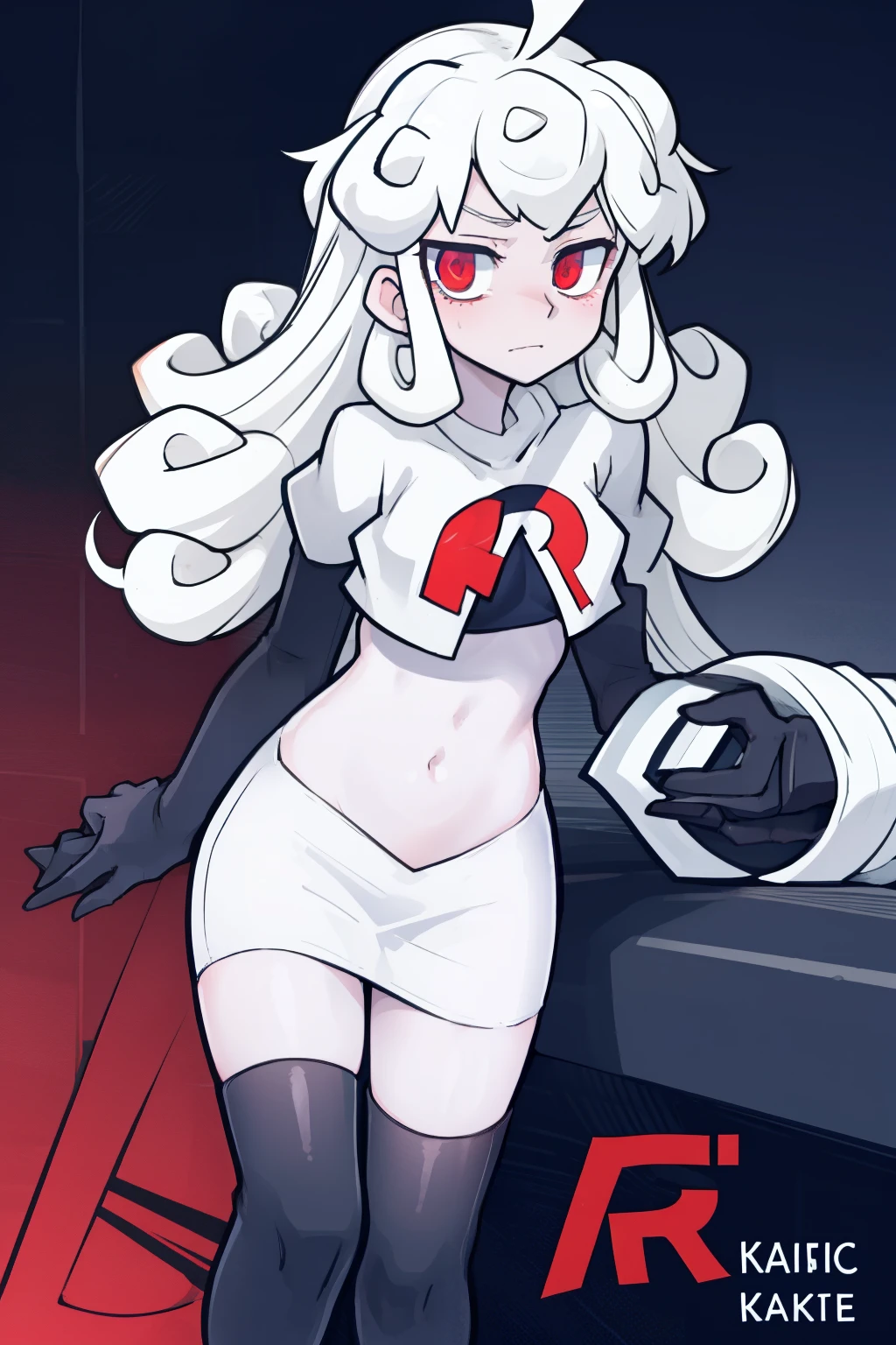 masterpiece, best quality, red eyes, white curly kair, ahoge,team rocket,team rocket uniform,white skirt,red letter R,crop top,black thigh-highs,black elbow gloves, comic strip