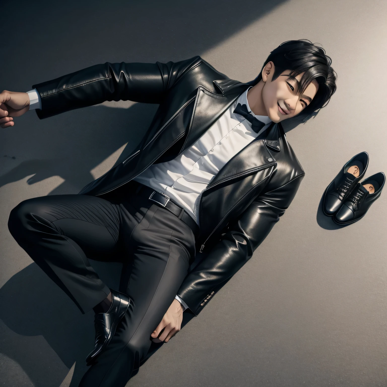 male Kpop idol, korean male, soft face, charming smile,business man,muscle,gay,handsome,big muscles,formal leather jacket suit,wearing black underwear, big bulge,shinny formal shoelaces shoes,long sheersocks,with one leg up showing toe,on concrete basketball court,top view,showing muscles,high quality,4k,detailed,
