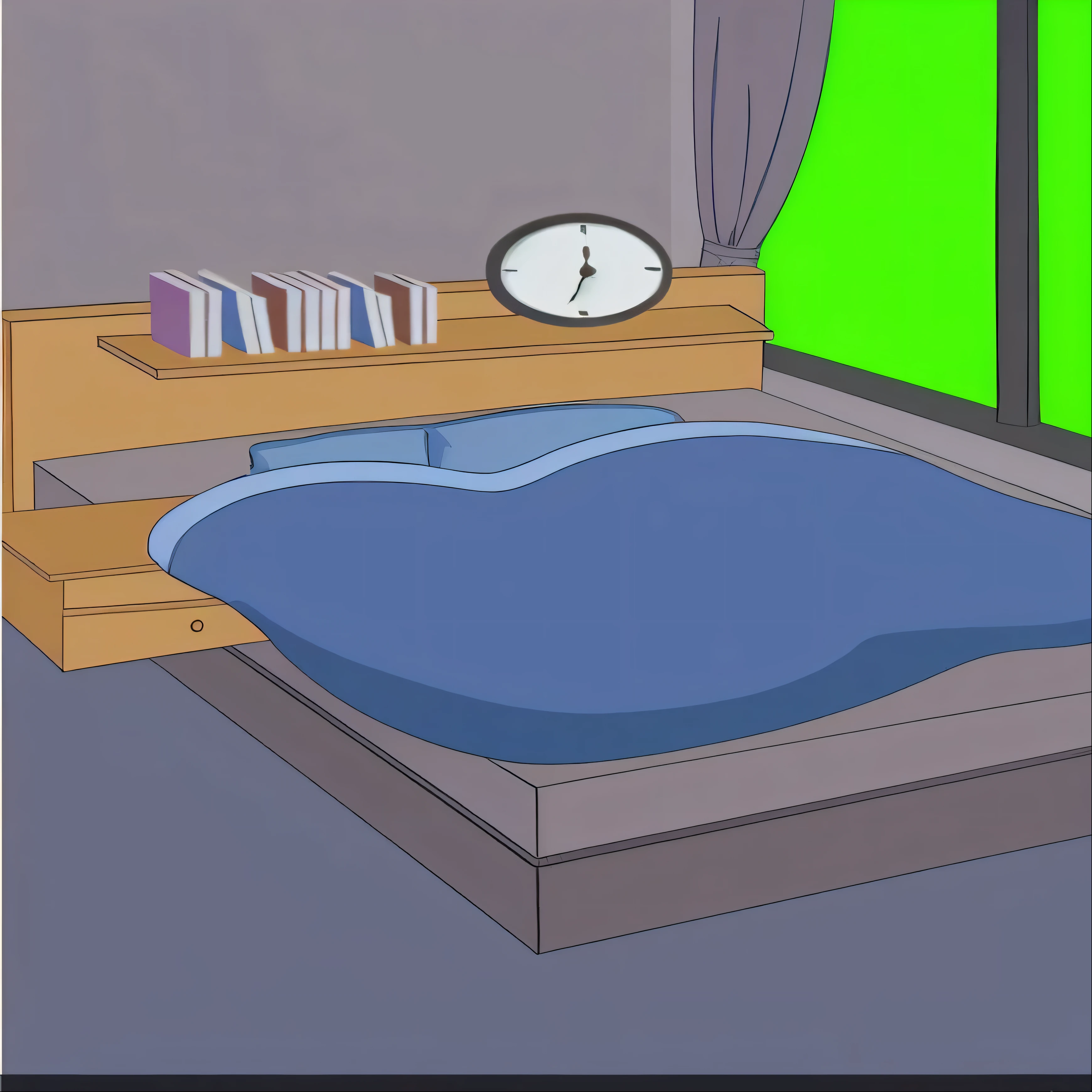 一张bunk的画,There is a blue quilt on it,bunk头柜上有一个时钟, Bedrooms background, random background scene, Personal room background, bunk, bunk在右边, bunk房, in a Bedrooms, inside of a Bedrooms, nighttime scene, Bedrooms in studio ghibli, Bedrooms, bunk没做好, 有人坐在bunk上, rpg maker style Bedrooms