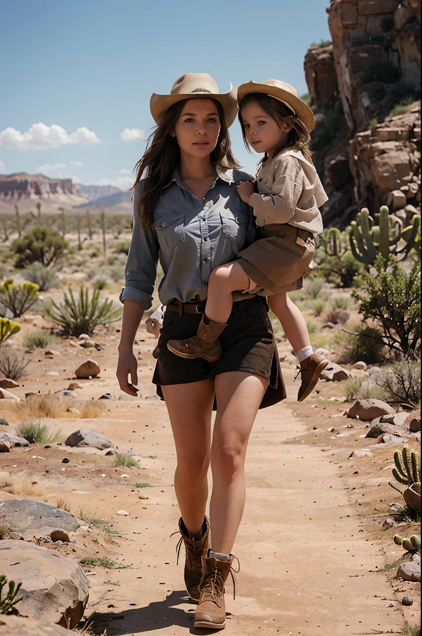 A white-skinned woman with brown hair in cowboy clothes walks with a little girl across a rocky wasteland against a background of huge cacti