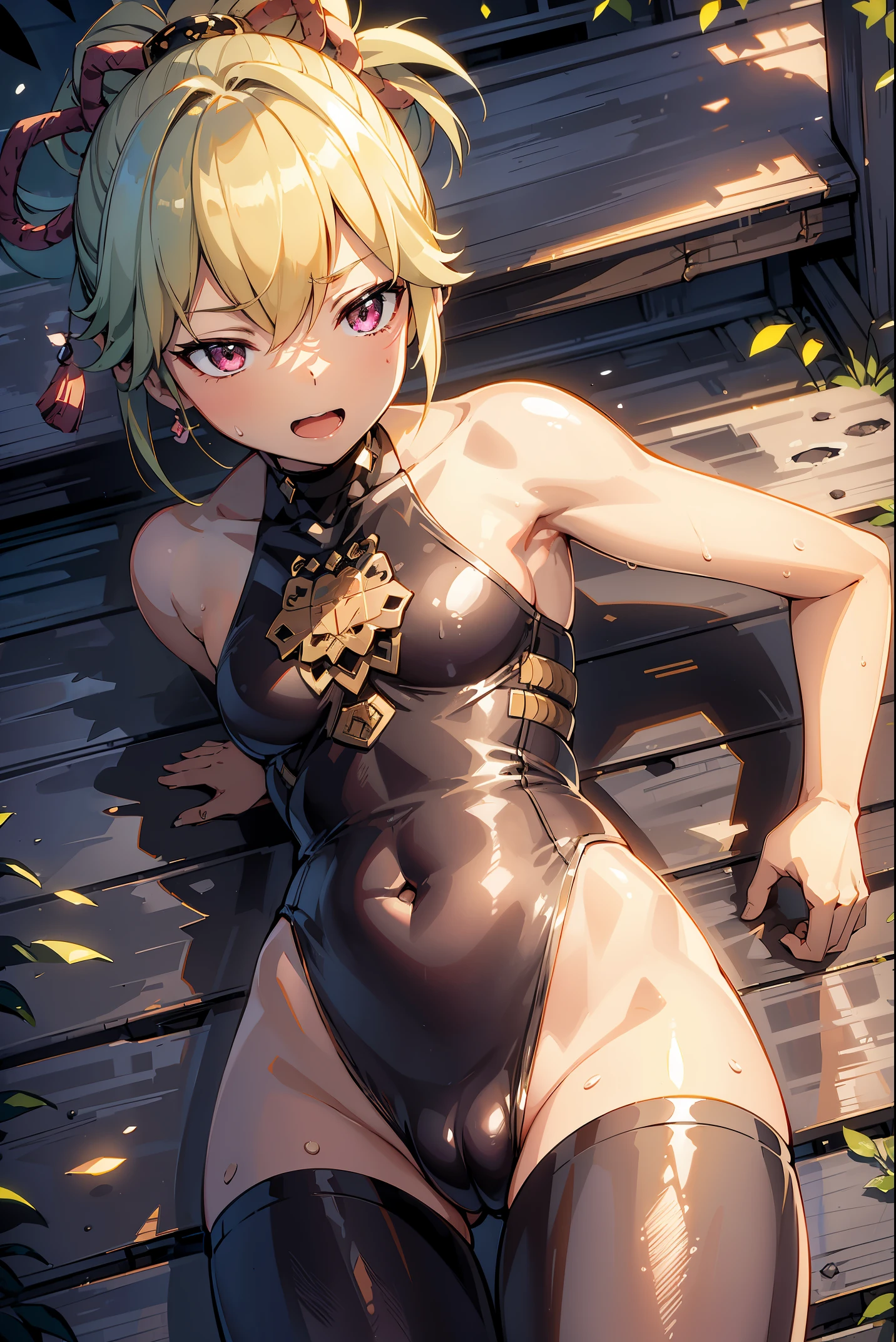 ((Highly detailed)), GenshinImpact ((Shinobu Kuki)), soft illumination, Perfect human hands,woman in relaxed pose)) , Super perfect body curve, masutepiece, 4K, Detailed mid-chest, Perfect face, (20 years old) , Fit Figure, Gorgeous perfect face, Happy expression, Open mouth, Realistic style and ultra-detailed rendering, superrealism, Ultra-realistic oil, Contour Shadow Procesull Body Portrait)), full of sweat