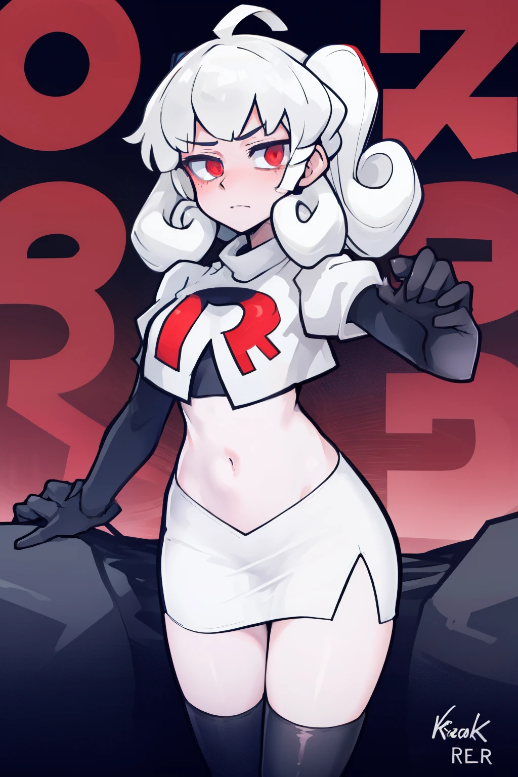 masterpiece, best quality, red eyes, white curly kair, ahoge,team rocket,team rocket uniform,white skirt,red letter R,crop top,black thigh-highs,black elbow gloves, comic strip