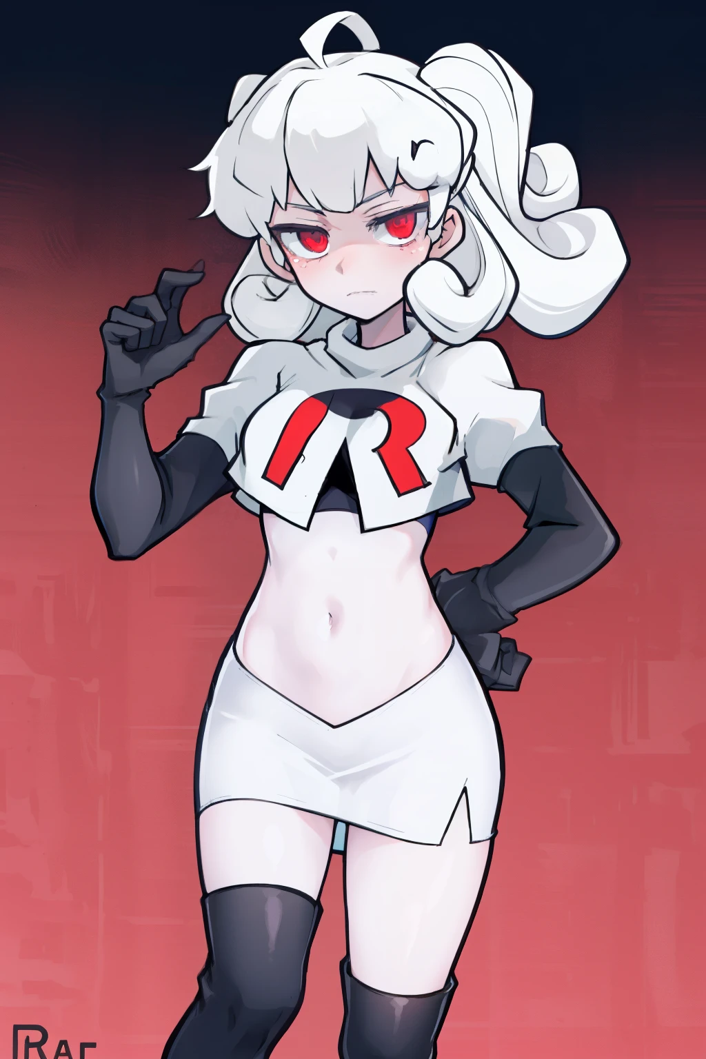 masterpiece, best quality, red eyes, white curly kair, ahoge,team rocket,team rocket uniform,white skirt,red letter R,crop top,black thigh-highs,black elbow gloves, comic strip