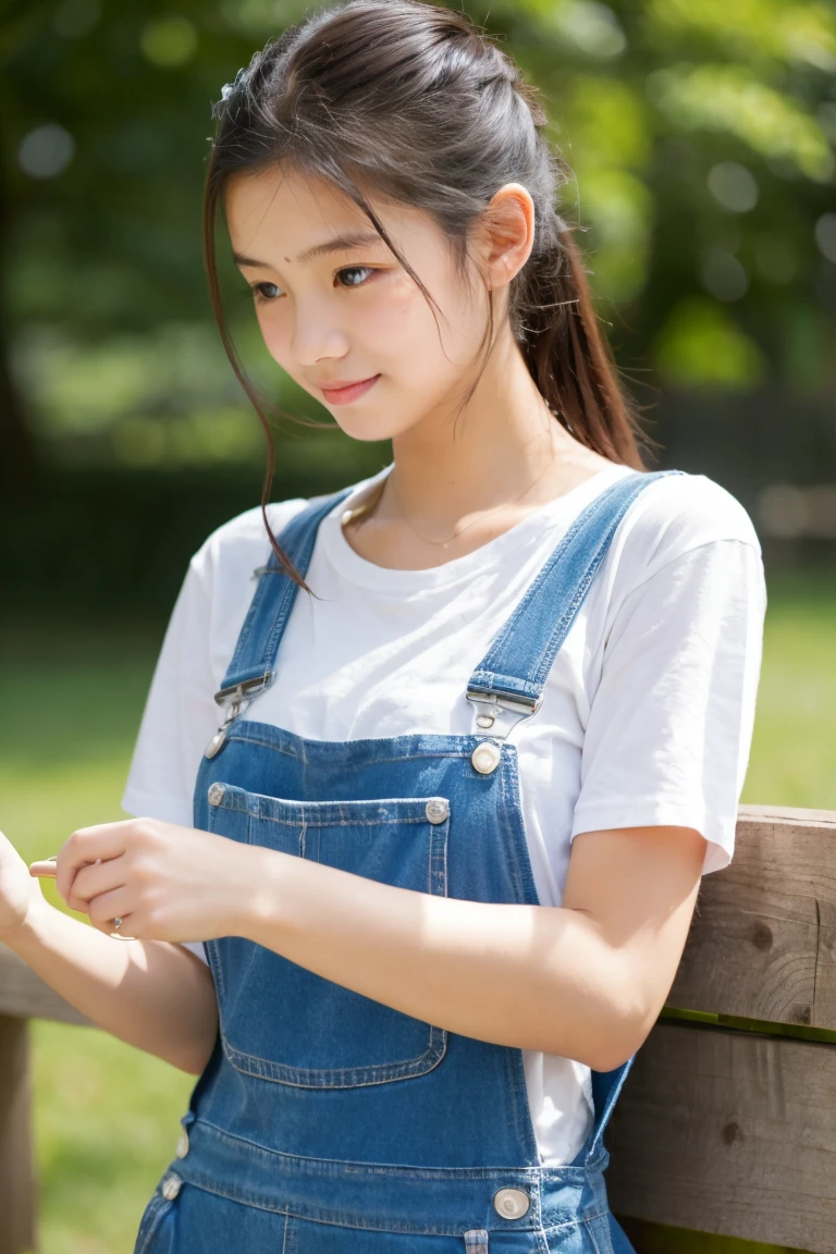 Beautiful girl wearing overalls、15yo student、Spinning、