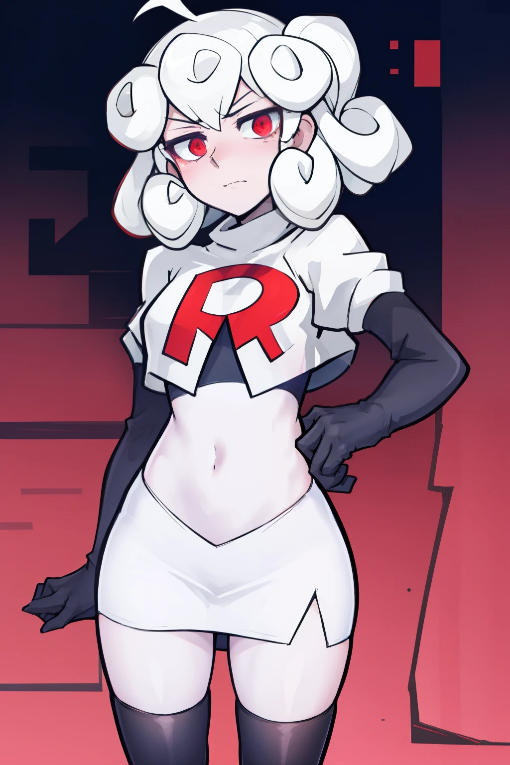 masterpiece, best quality, red eyes, white curly kair, ahoge,team rocket,team rocket uniform,white skirt,red letter R,crop top,black thigh-highs,black elbow gloves, comic strip