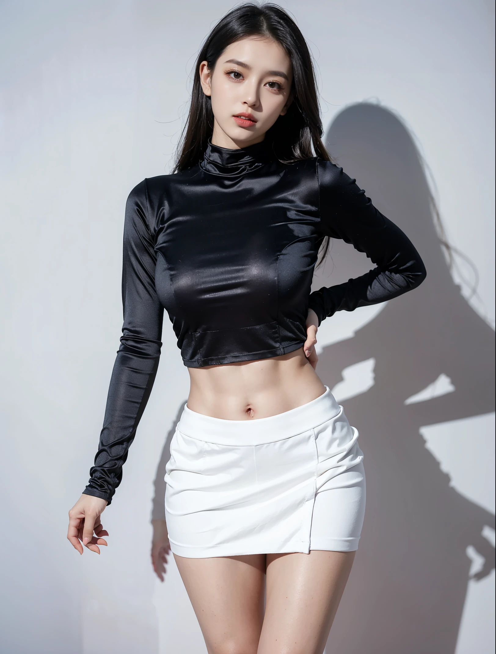 1 girl with sagging hips, skin-tight pull-over, skin-tight miniskirt which is so thin and soft that reflects her voluptuous and sensual hips, perfect midriff, icy eyeshadow, Pale skin, juicy lips, Long Eyelashes, Hourglass body, thin waist, good shaped hips,