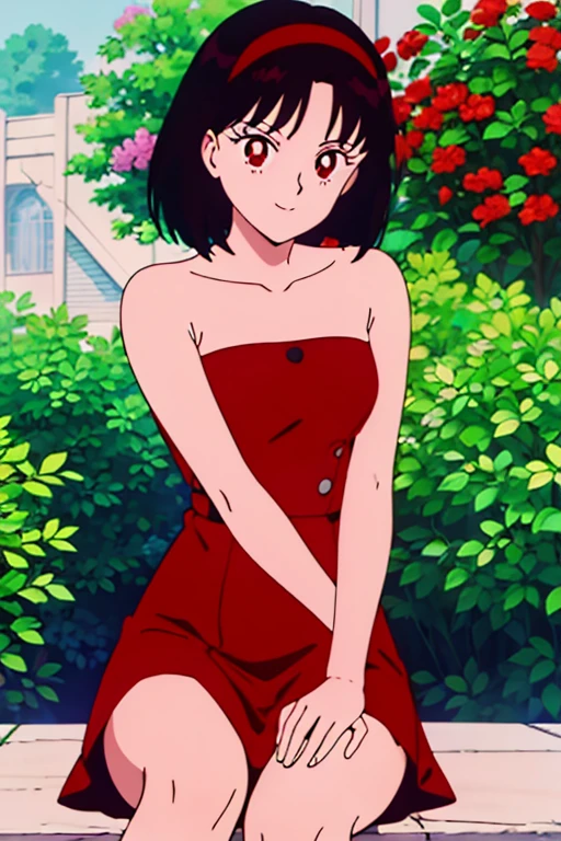 best quality, masterpiece, 1 girl, Red Eyes, beautiful detail red eyes, Black Hair, Bob Hair, Bob Haircut, Red Hairband, Bare Arms, Bare Shoulders, seductive, medium breast, strapless, little red dress, skin-tight dress, garden background, sitting pose, smile.