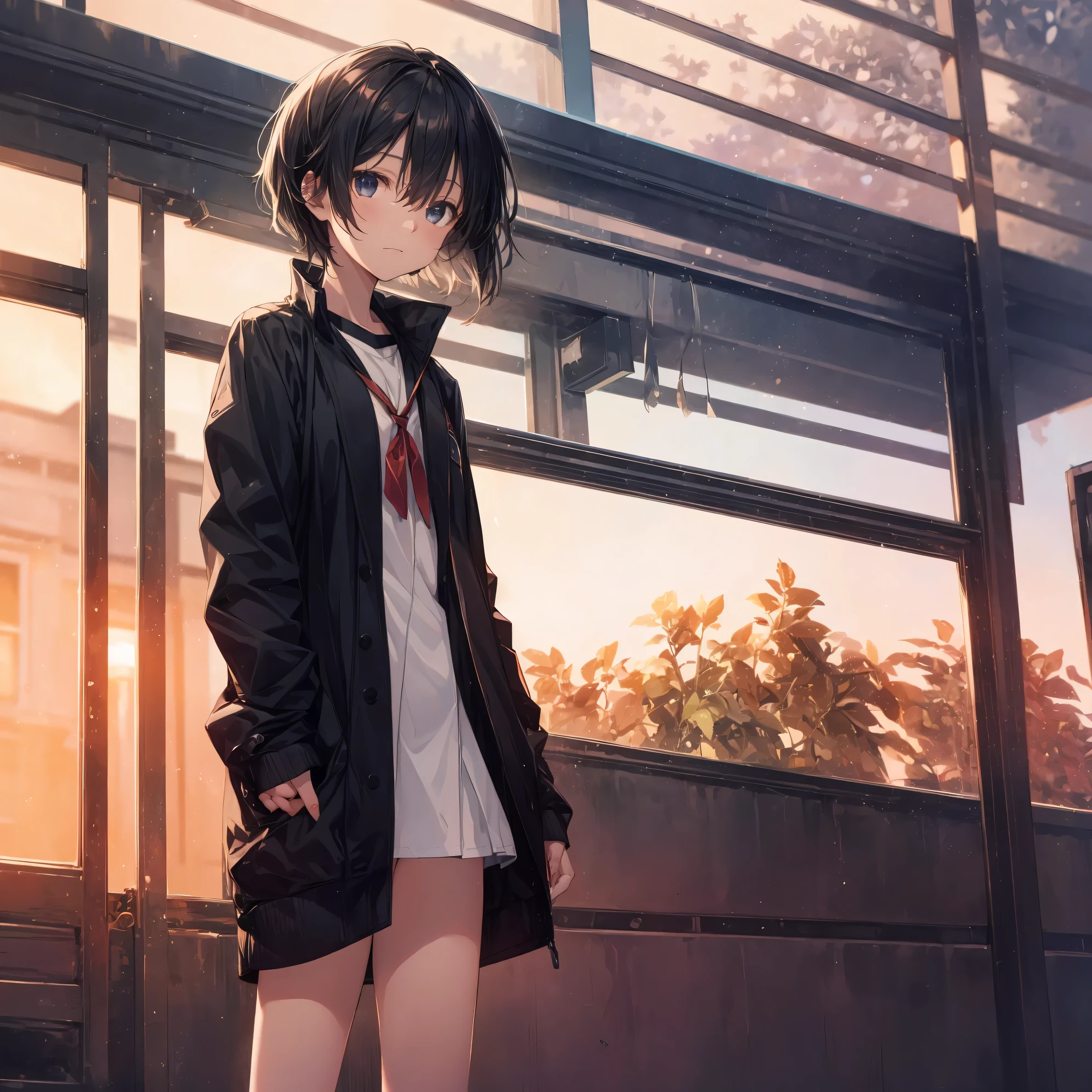 Super high quality by the art god, Ultra-detailed, High resolution, Shinkai Makoto style, anime moe art style, best anime 8K konachan wallpaper, Pixiv Contest Winner, Perfect Anatomy, BREAK,(Please draw a sleepy girl going to school alone.. ),BREAK, a hyperrealistic schoolgirl, (Solo,Lori,child,13years:1.3),Full limbs, complete fingers,a junior high school student, Androgynous attraction, (extra very short hair), hair messy, flat and soft chest, Small butt, groin, Small eyes,Beautiful detailed black eyes, Well-proportioned iris and pupils, disgusted eye, High resolution detailed hair, School uniform, Skirt,  On the way to school. BREAK,Ultra-detailed細なスキン, Best lighting by famous artists, 8K, Illustration,