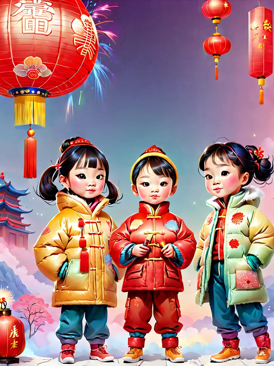 pixar-style, (Faraway view: 1.8), (China - Chic Chinese New Year New Year&#39;s Day, Anatomically correct, fire works，lanterns，Oriental elements), (5 cute children wearing down jackets，Hold a fairy stick，燃放fire works，手里拿着fire works), (China - Fashion illustration: 1.5, vector drawing: 1.5), (Chinese color, senior color matching, gradient backgrounds, white backgrounid: 1.5), (The is very detailed, Well designed, Clear lines, k hd, Best quality at best, tmasterpiece, offcial art, movie light effect, 8K)