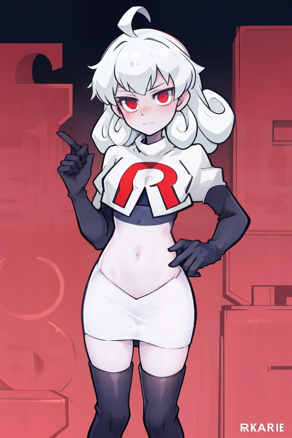 masterpiece, best quality, red eyes, white curly kair, ahoge,team rocket,team rocket uniform,white skirt,red letter R,crop top,black thigh-highs,black elbow gloves, comic strip