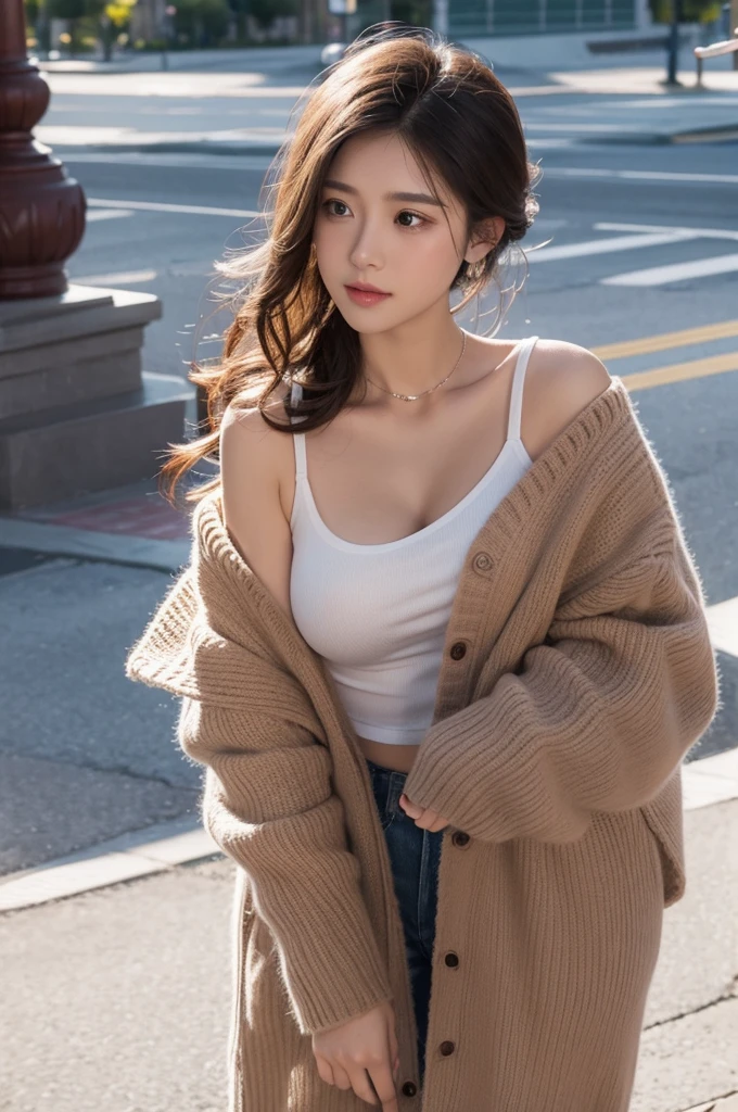 Produce an image of a young woman in pink lace bra and panties with a gray cardigan, standing on a city street. She has long straight hair and a serious expression, with buildings, trees, and street signs in the background