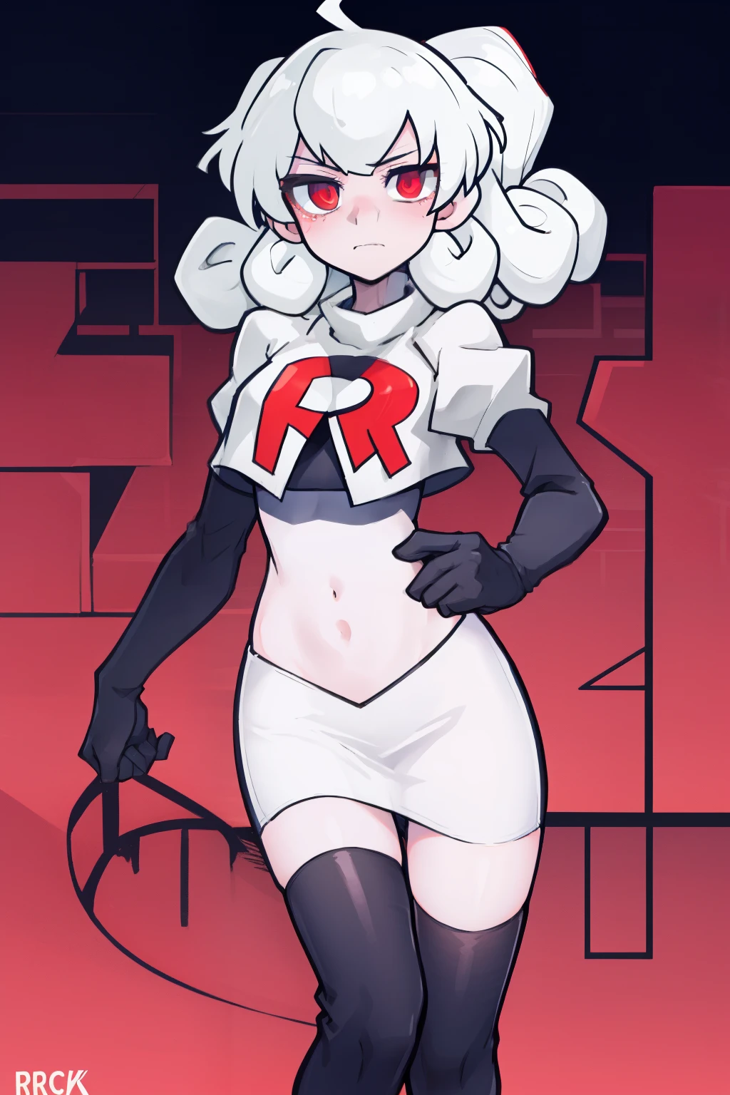masterpiece, best quality, red eyes, white curly kair, ahoge,team rocket,team rocket uniform,white skirt,red letter R,crop top,black thigh-highs,black elbow gloves, comic strip