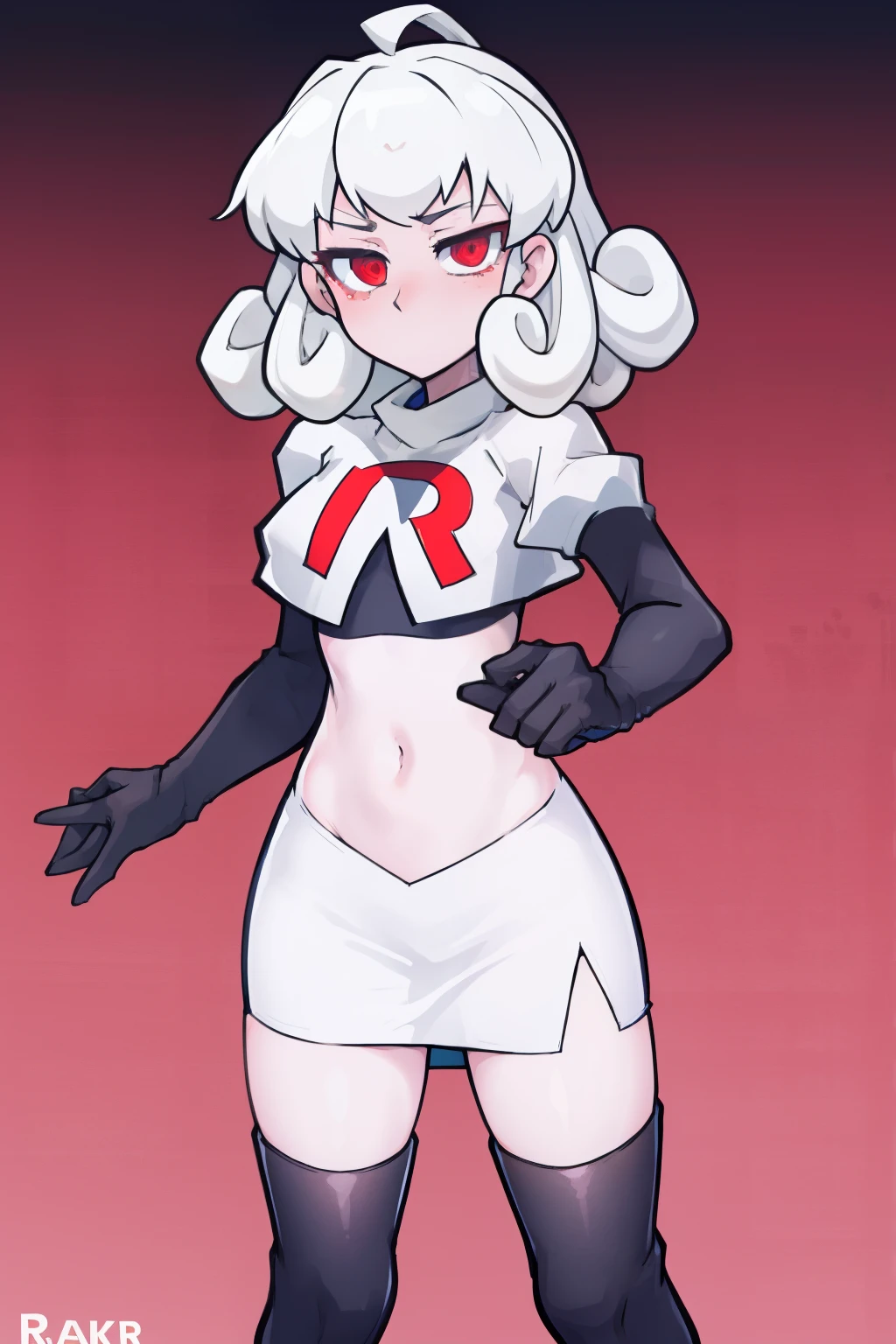 masterpiece, best quality, red eyes, white curly kair, ahoge,team rocket,team rocket uniform,white skirt,red letter R,crop top,black thigh-highs,black elbow gloves, comic strip