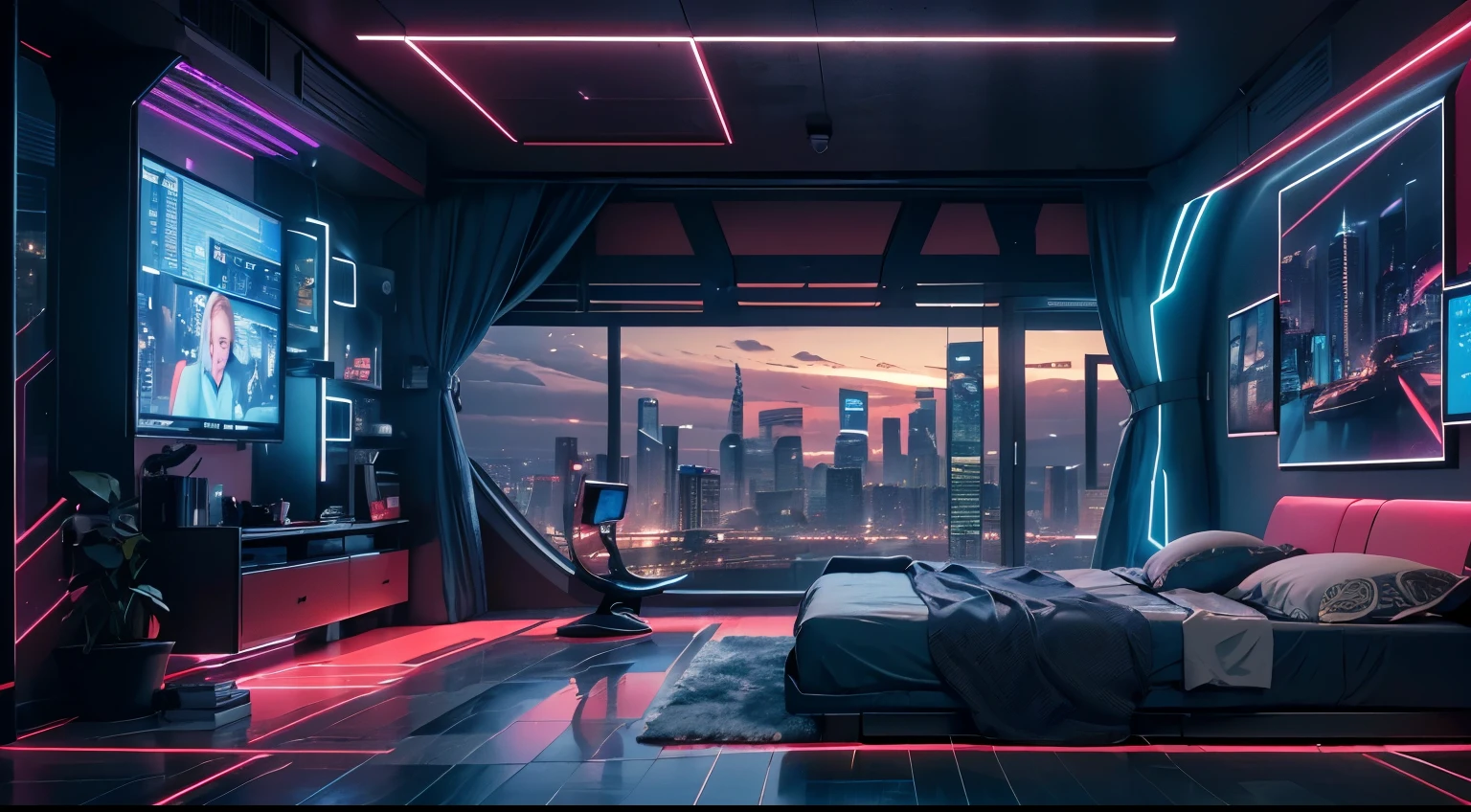 ((masterpiece)), (ultra-detailed), (intricate details), (high resolution CGI artwork 8k), Create an image of a futuristic darkly lit cyberpunk bedroom. One of the walls should feature a big window with a busy, colorful, and detailed cyberpunk cityscape. The other wall a large tv screen monitor. The cityscape should be extremely detailed with depth of field. Utilize atmospheric lighting to create depth and evoke the feel of a busy futuristic city outside the window. Pay close attention to details like bedroom accents. Camera: wide shot showing the room and the window. The window should be the focal point of the image. Lighting: use atmospheric and volumetric lighting to enhance the cityscape details. The room should be illuminated by the blue neon lights from the cityscape.