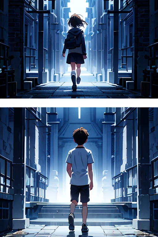 "Generate an image depicting a poignant moment where a young boy experiences a heartbreak, concealing his pain from others. Capture the emotions of sorrow and solitude as he navigates the inner turmoil without expressing it outwardly. Concurrently, illustrate a scene with a girl, having just experienced love, but struggling with trust issues. Portray her walking away to her home, creating a sense of emotional distance. Convey the complex emotions of heartbreak, silent suffering, and the tentative nature of trust in love within this visual narrative."