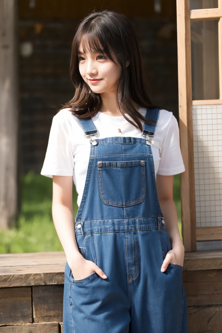 Beautiful girl wearing overalls、15yo student、Spinning、