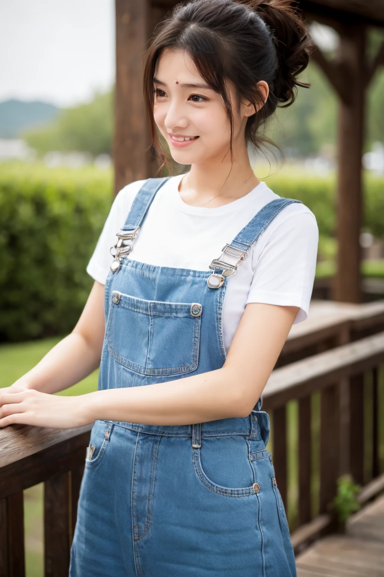 Beautiful girl wearing overalls、15yo student、Spinning、