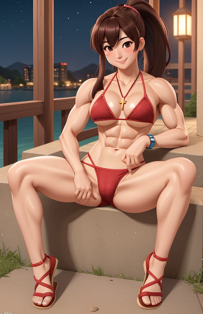 attractive korean woman, ripped muscle, muscular body, small breast, pale skin, smile(blush), bikini, sandals, cross pendant, sixpack abs, [ultra detailed skin:1.2], brown hair, ponytail, 8k uhd, pussy, full body, crowd, public, night, sitting, spread legs, pubic hair,