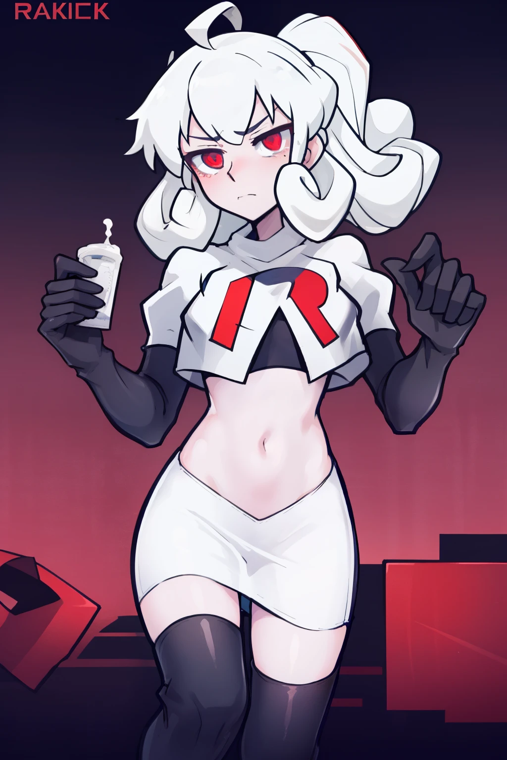 masterpiece, best quality, red eyes, white curly kair, ahoge,team rocket,team rocket uniform,white skirt,red letter R,crop top,black thigh-highs,black elbow gloves, comic strip