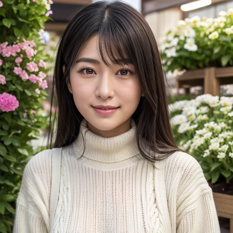 Nozomi Harasaki from the video game shenmue. She is waiting outside of her flower shop for customers. She is located in Yokosuka, Japan. A digital portrait of a young woman with an animated appearance. She has a round face, fair skin, and almond-shaped eyes with double eyelids. Her hair is shoulder-length, straight, black, with a full fringe that sits above her eyebrows. She sports a white turtleneck cable-knit sweater, and her skirt is a vibrant red and green tartan pattern. The subject carries a soft, friendly expression with a subtle smile. There are many flowers in the background (flower shop). She has Symmetrical Features, Small Well-Shaped Nose, Smooth Clear Skin