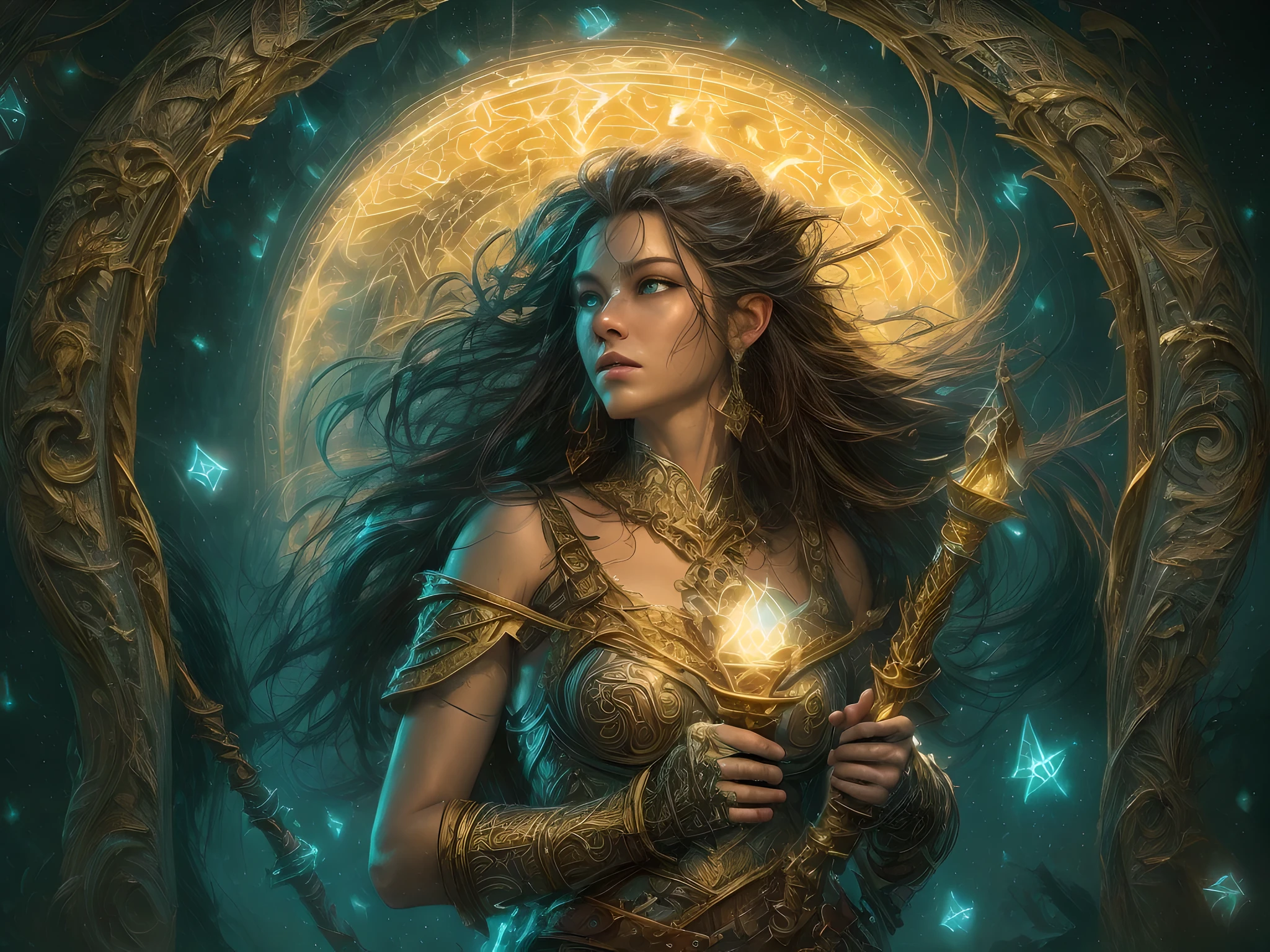 high details, best quality, 16k, [ultra detailed], masterpiece, best quality, (extremely detailed), dynamic angle, ultra wide shot, photorealistic, ((fantasy art)) ((larry elmore style)), dnd art, rpg art, realistic art, female human druid of the stars, guardian of nature, controlling magical energy made of stars, swirling blue stary magical light, divine symbols GlowingRunes_yellow (1.5 intricate details, Masterpiece, best quality), human female,  extremally beautiful, ultra feminine, dynamic hair, dynamic hair color, wearing leather armor CM-Beautiful_armor, holding a staff, moon light, stars, dynamic natural background,  RPG art, magical atmosphere magic-fantasy-forest, ultra best realistic, best details, best quality, 16k, [ultra detailed], masterpiece, best quality, (extremely detailed), ultra wide shot, photorealism, depth of field, hyper realistic painting, 3D rendering