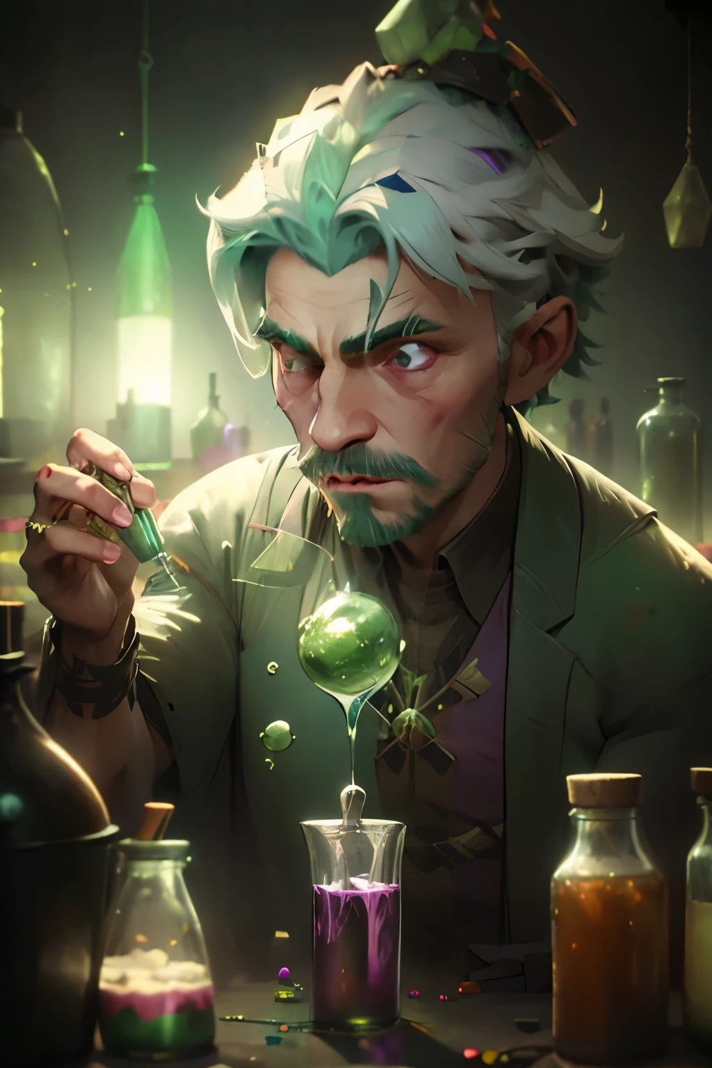 Man creating a green-colored potion in a dim laboratory with finished details, imagem detalhada e em 4k, messy and crazy white hair